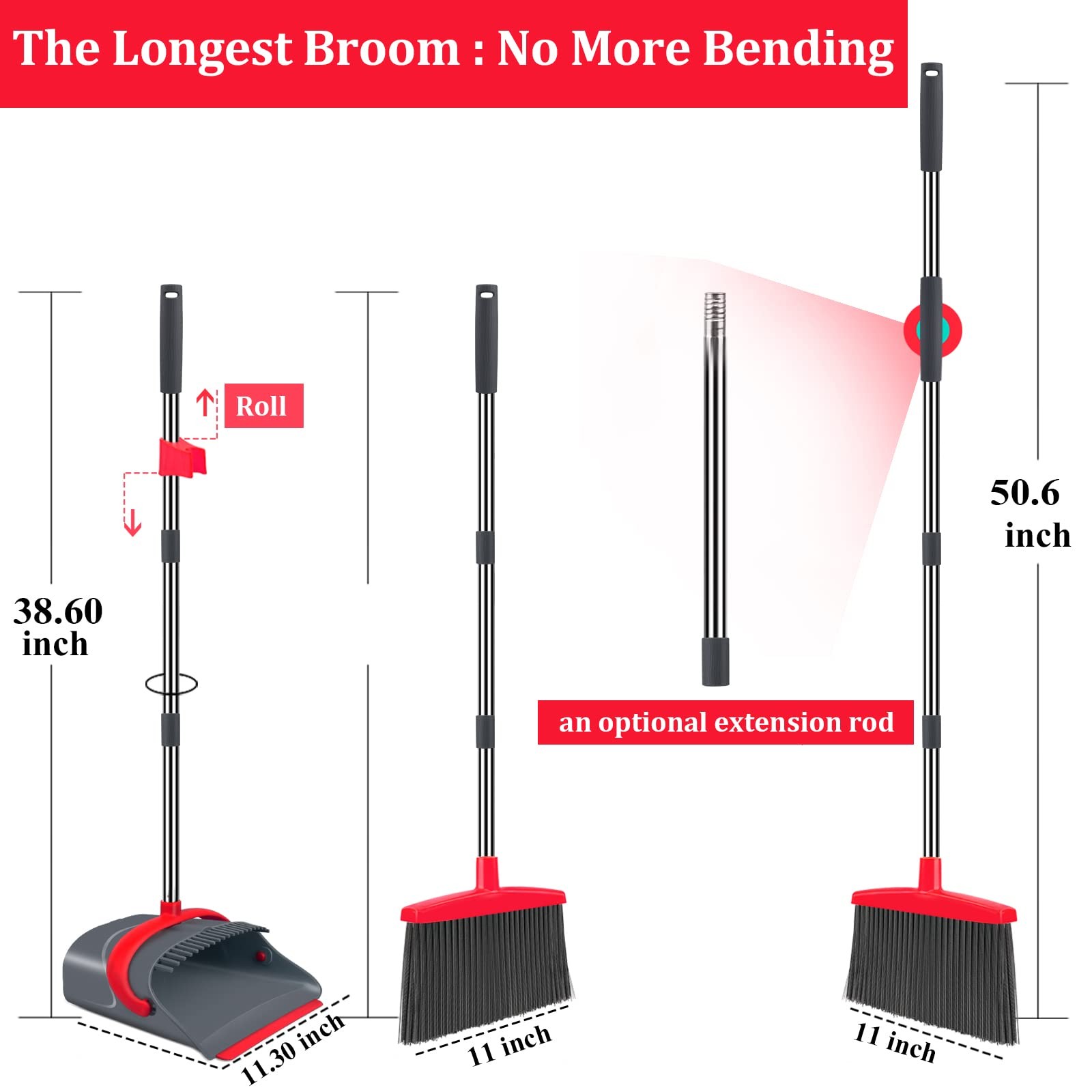 Broom And Dustpan Set Long Handle Upright Stand Up Kitchen Lobby Gray Red
