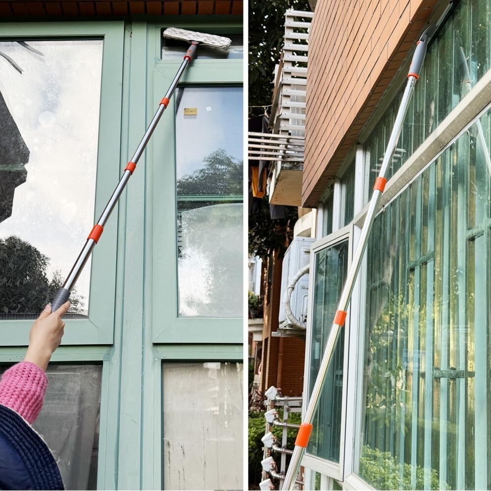 Window Squeegee with Long Handle(59″)with Silicon Squeegee & Mircofiber Scrubber