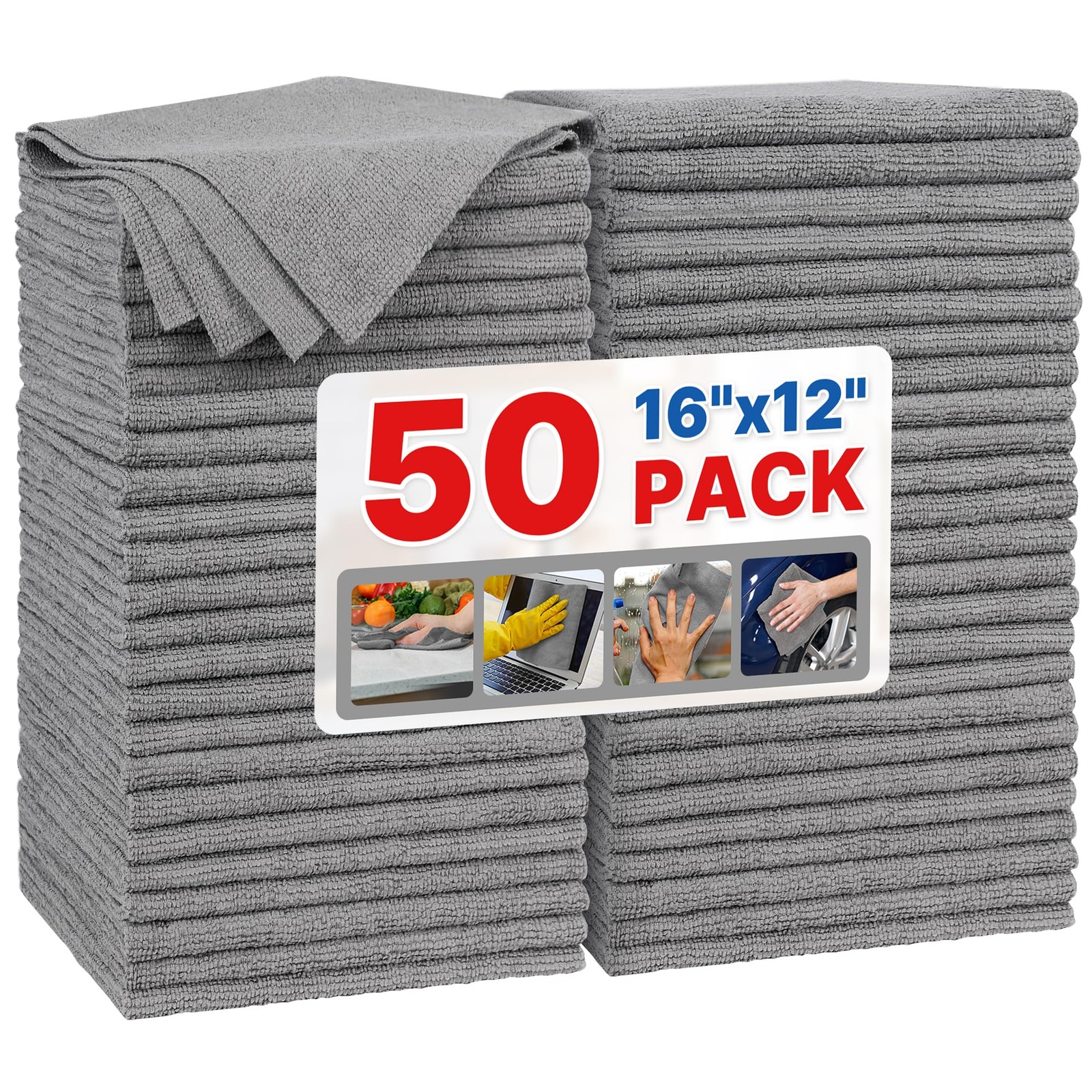 FIXSMITH Grey Microfiber Cleaning Cloth Pack of 50 16 X12 Cleaning Rags for