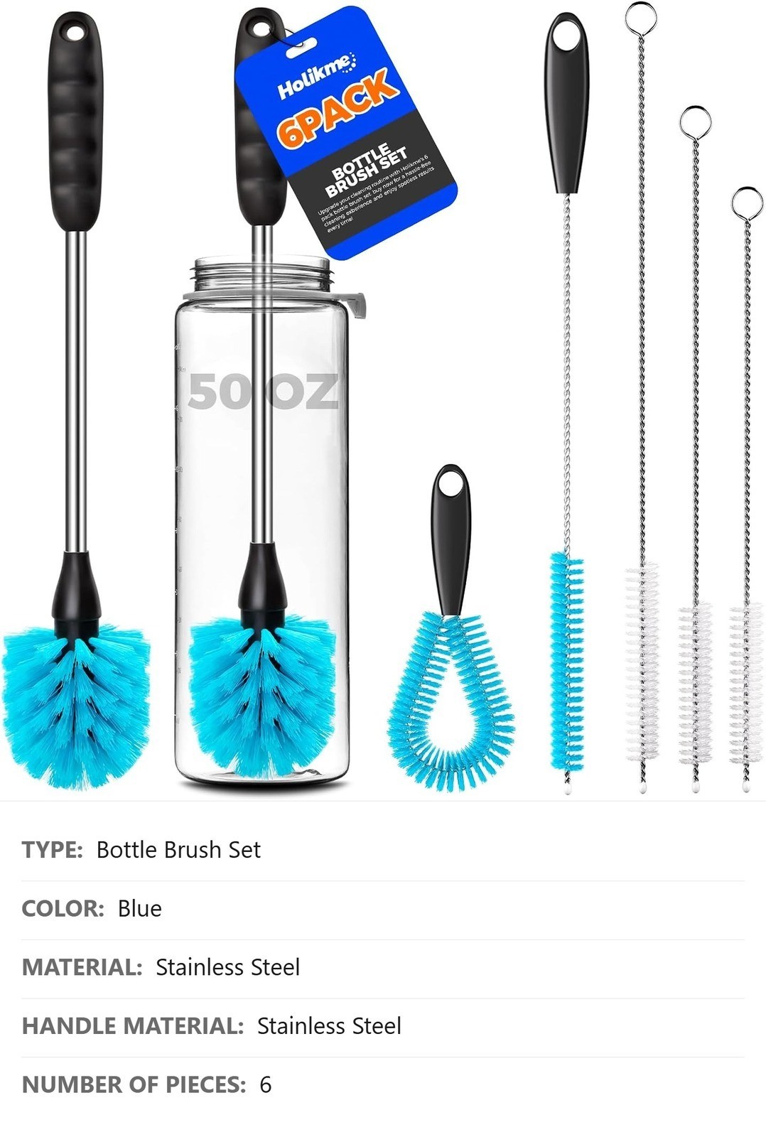 Bottle Brush Set, 6 Pack, 14.5″ Long Handle, Blue, Straw Brushes, Spout Brush