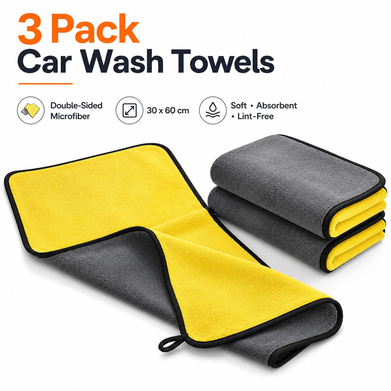 3 Pack 30x60cm Dual-Sided Microfiber Car Drying Towels Absorbent Lint-Free