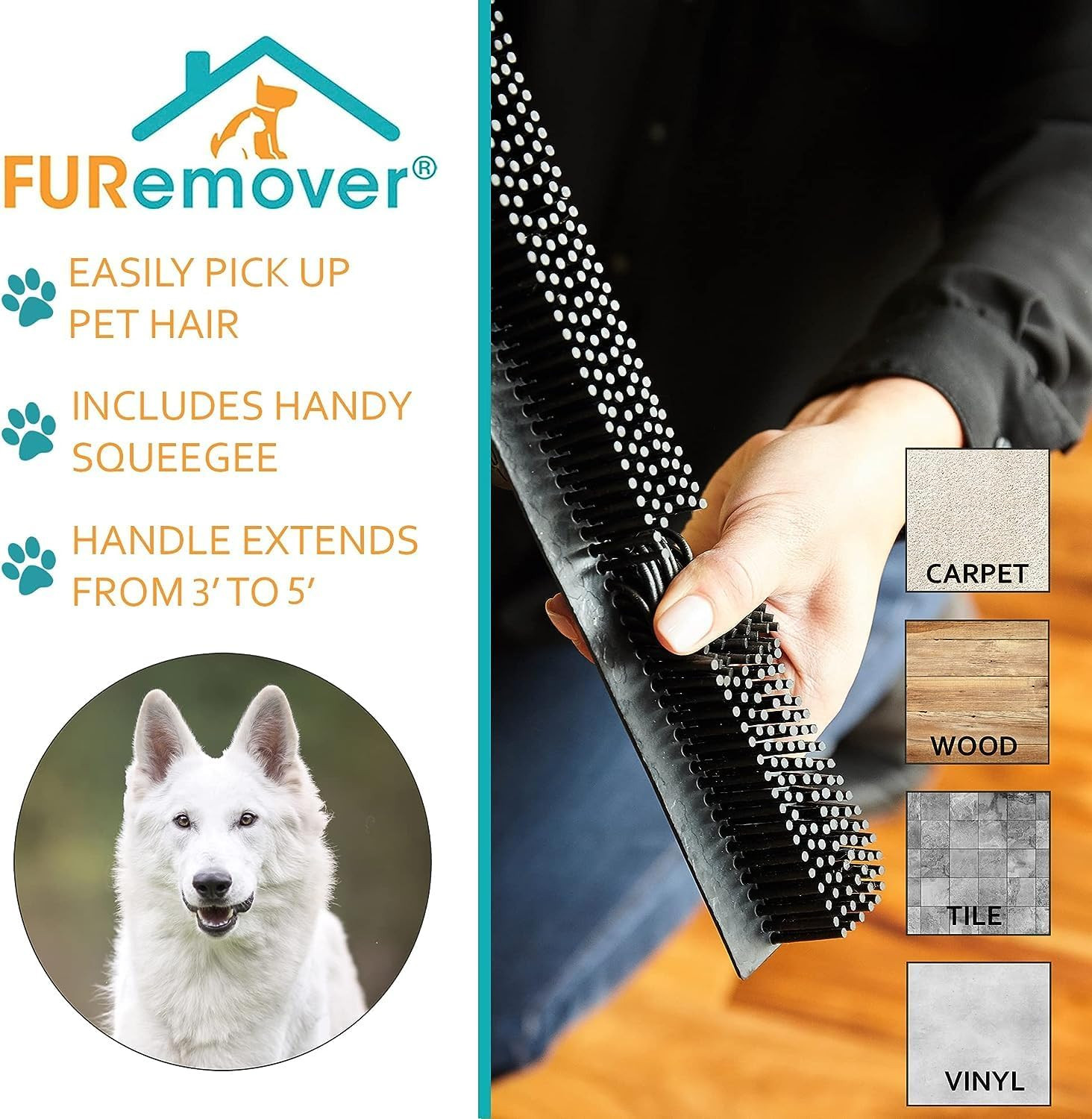 FURemover Broom for Pet Hair and Debris with Telescopic Handle and Squeegee Edge