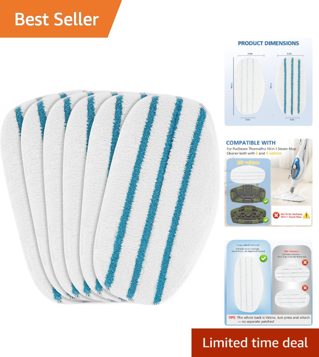 Soft Microfiber Replacement Steam Mop Pads for PurSteam ThermaPro – 6 Count