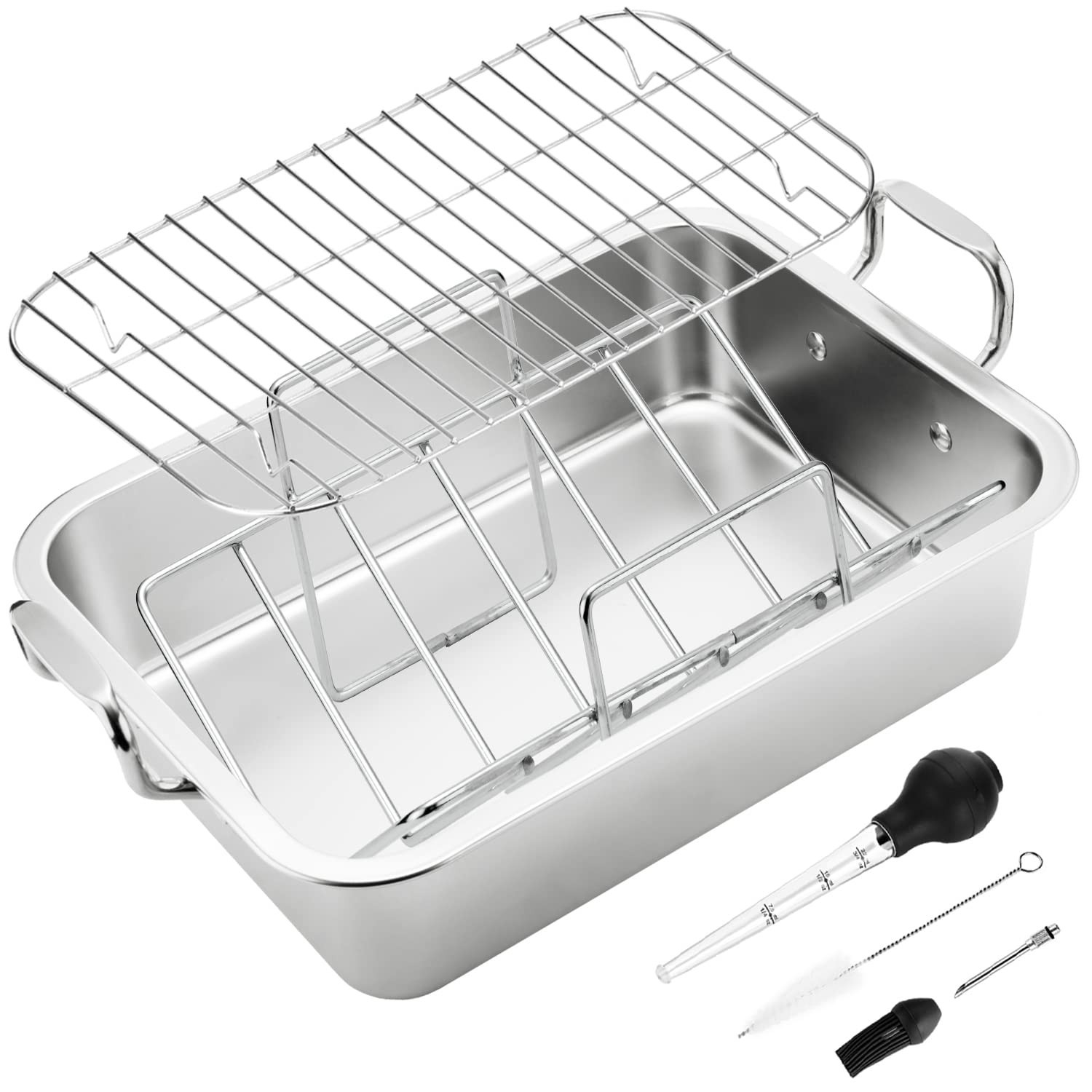 15 Inch Stainless Steel Roasting Pan with V-Shaped Rack and Turkey Baster – R…