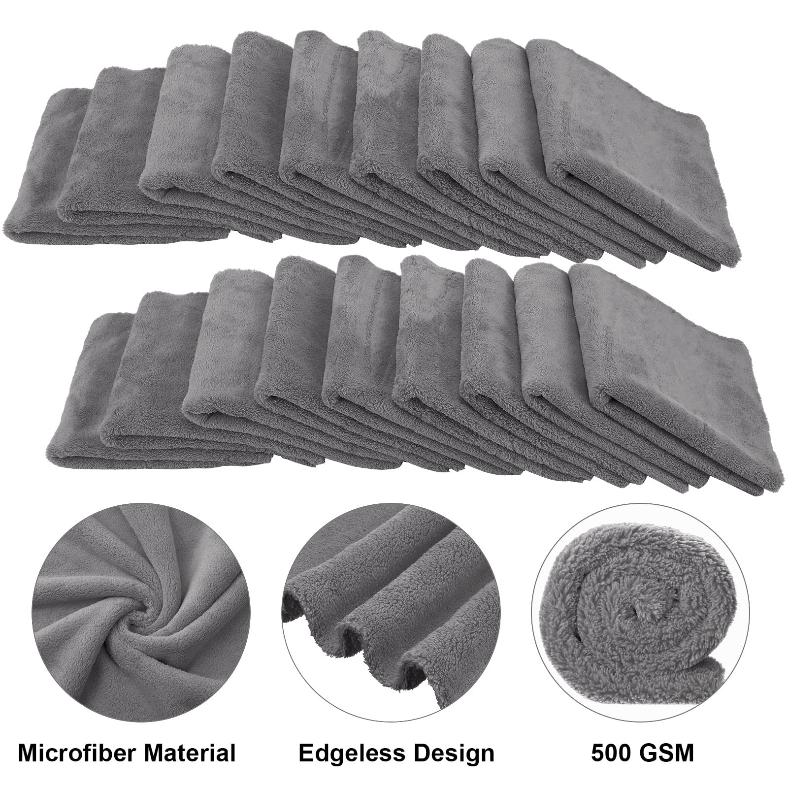 30Pack Towels Microfiber 16x16In 500GSM Edgeless Car Detailing Scratch Free Gray