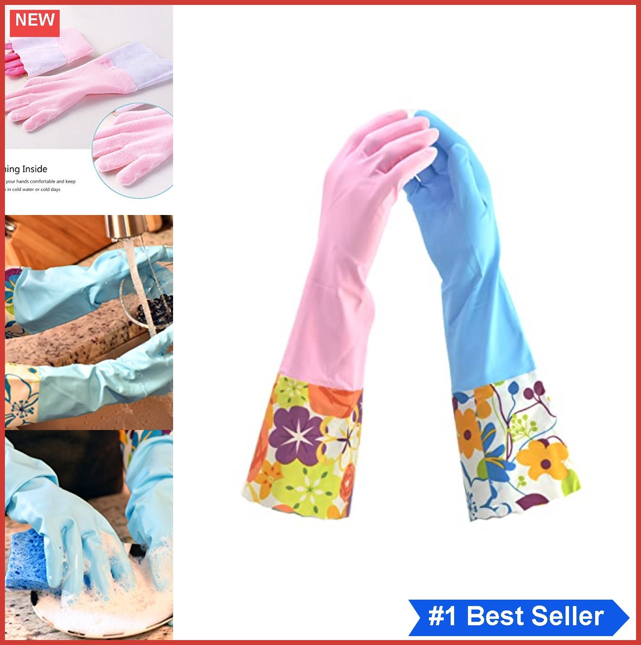 Cleaning Gloves Latex Free Long Cuff 15 Inch Non Slip Grip Medium Pink Blue