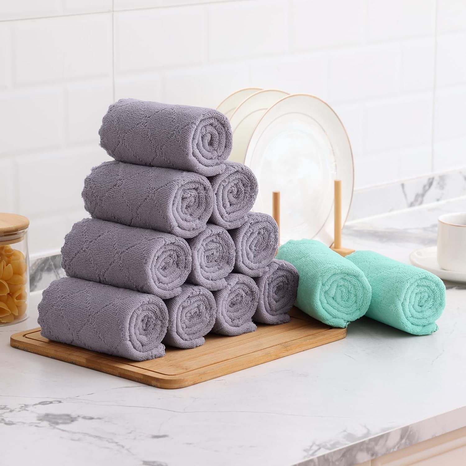 12 Pack Soft and Absorbent Kitchen Cloths, Grey & Green | Super Soft and