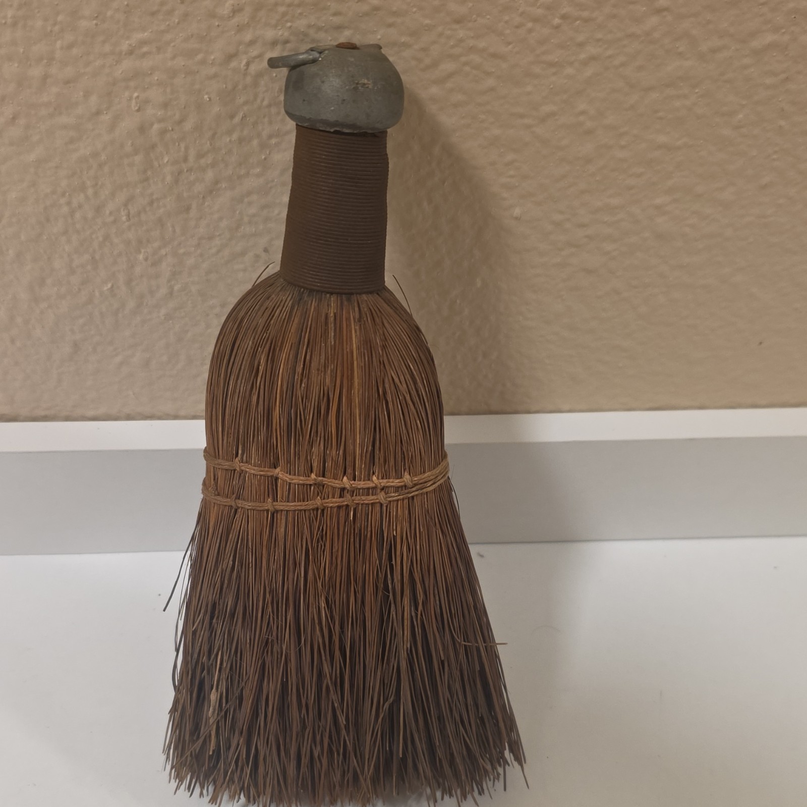 Brown Natural Fiber Whisk Broom Hand Brush w/ Metal Handle Hanging Loop 8in