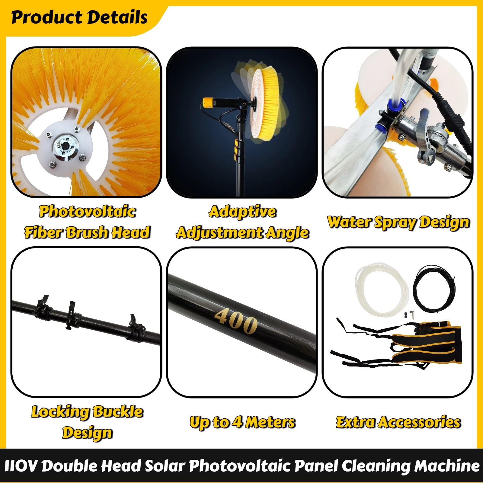 110V Electric Double Head Solar Photovoltaic Panel Cleaning Brush 4m Adjustable