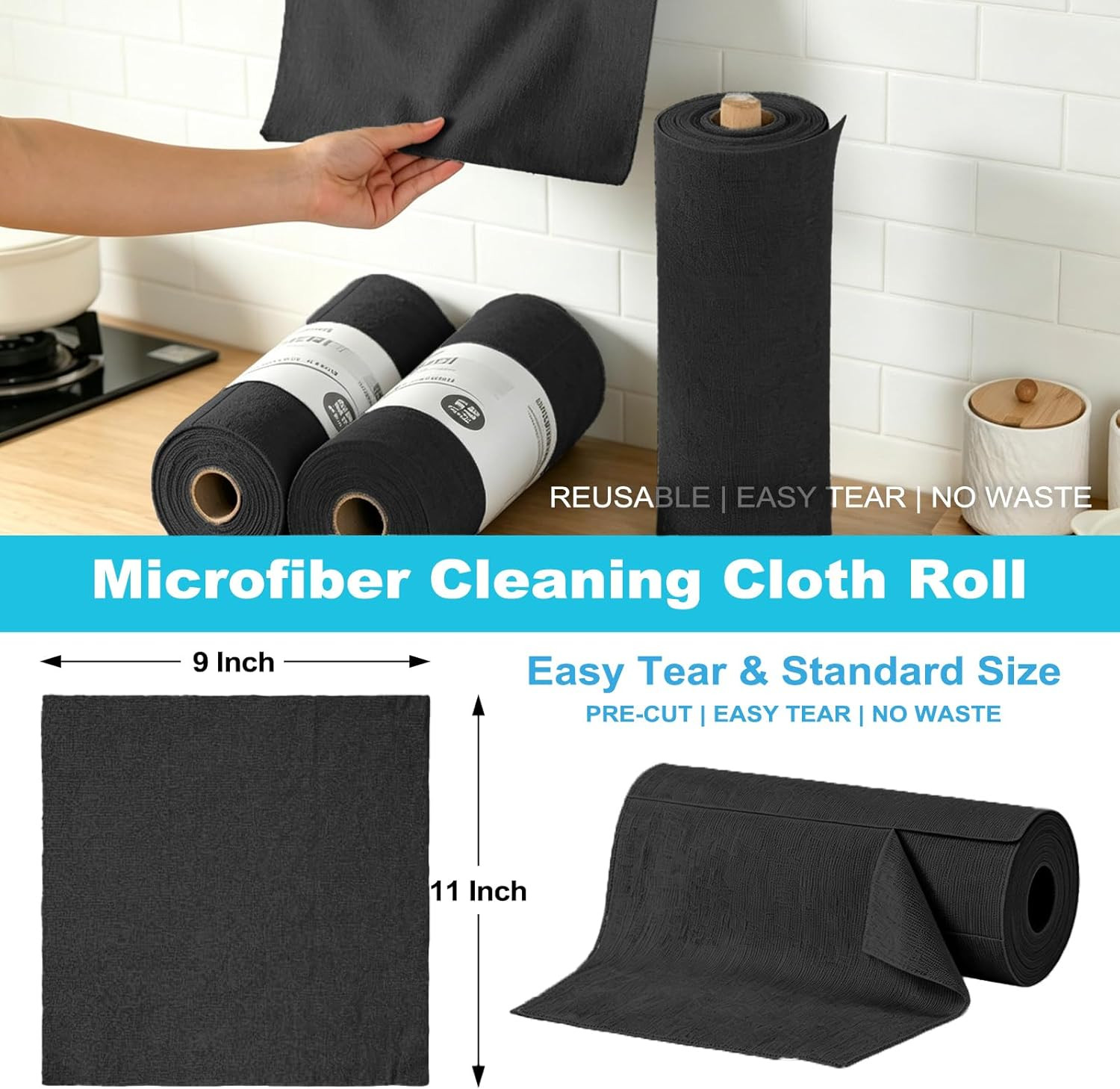 55 Pack Microfiber Cleaning Cloth Roll, Tear Away Reusable Paper Towels, 11″ X 9