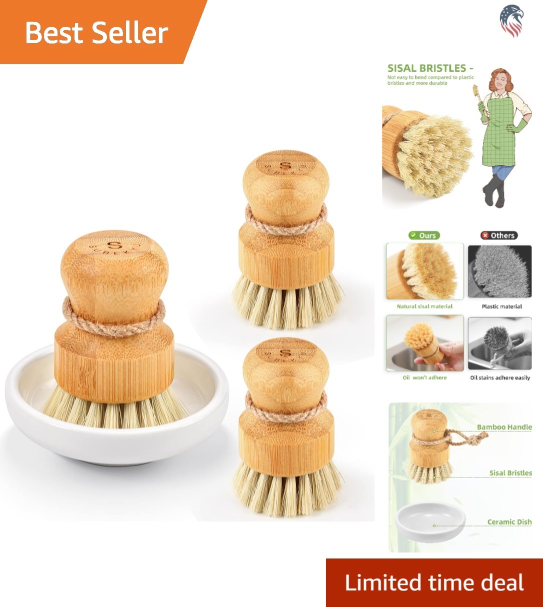 Set of 3 Bamboo Dish Scrub Brushes Natural Sisal Bristles Compatible with Cas…