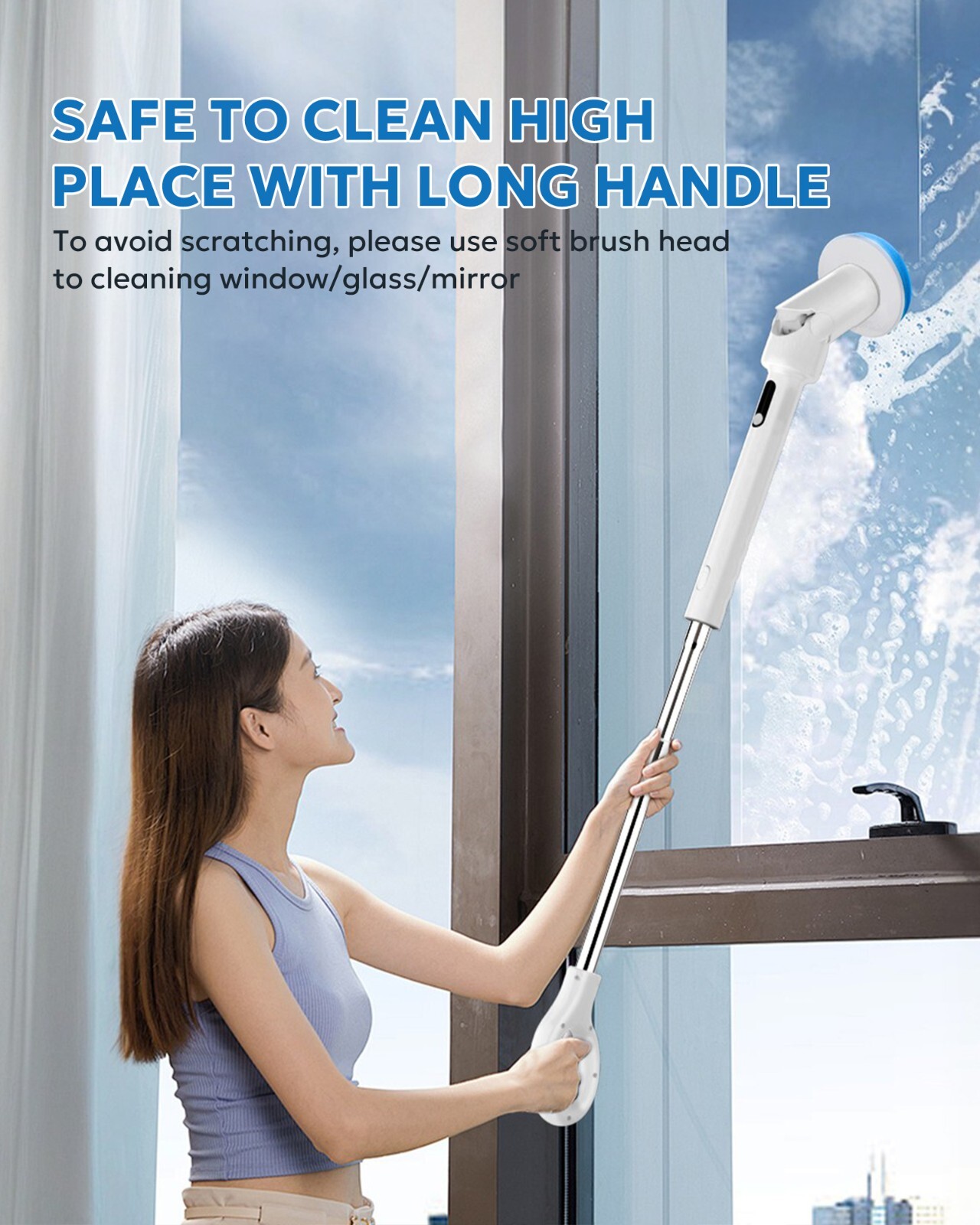 Electric Spin Brush with Long Handle 7 Replaceable Brush Heads Battery Operated