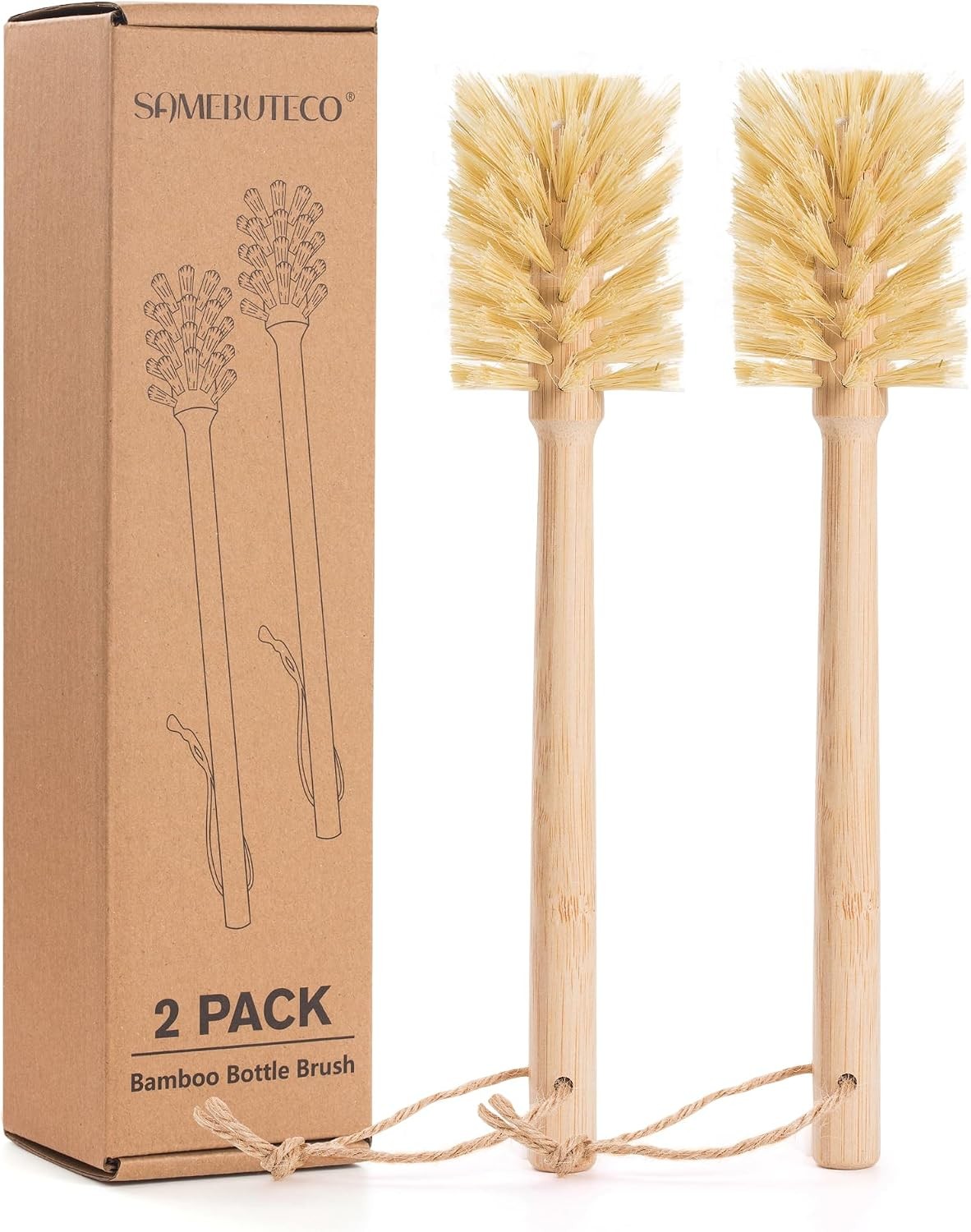 Natural Bamboo Cup Cleaning Brush Set of 2 – 11.5 Inch Sisal Bristle Bottle