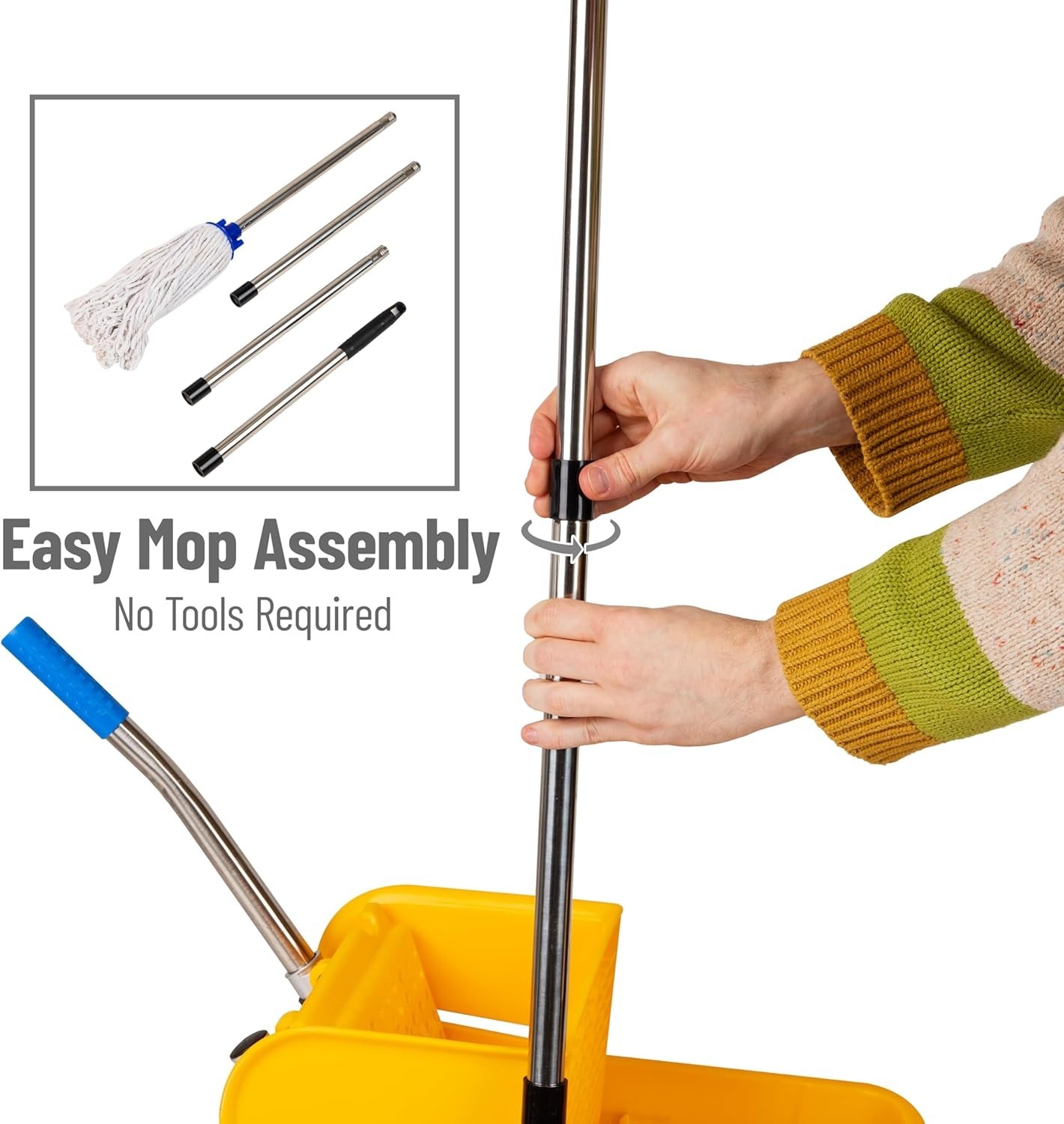 Mind Reader Floor Cleaning Bucket with Wringer and Mop Set – Yellow with Wheels