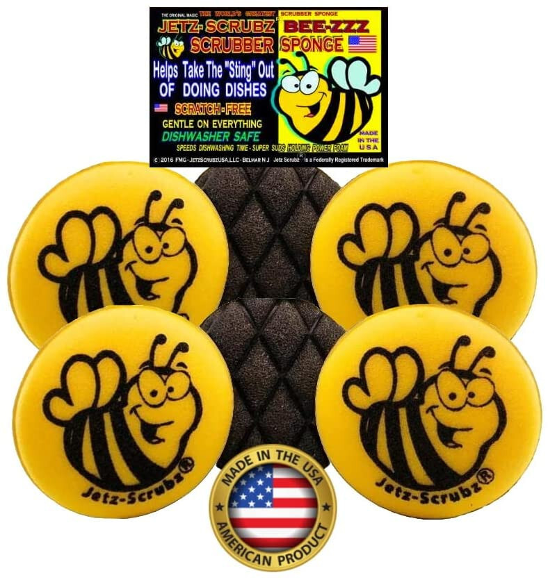 Jetz-Scrubz BEE-ZZZ Kitchen Scrubber Sponges, Round 4.5″ Made in USA (Pack of 6)