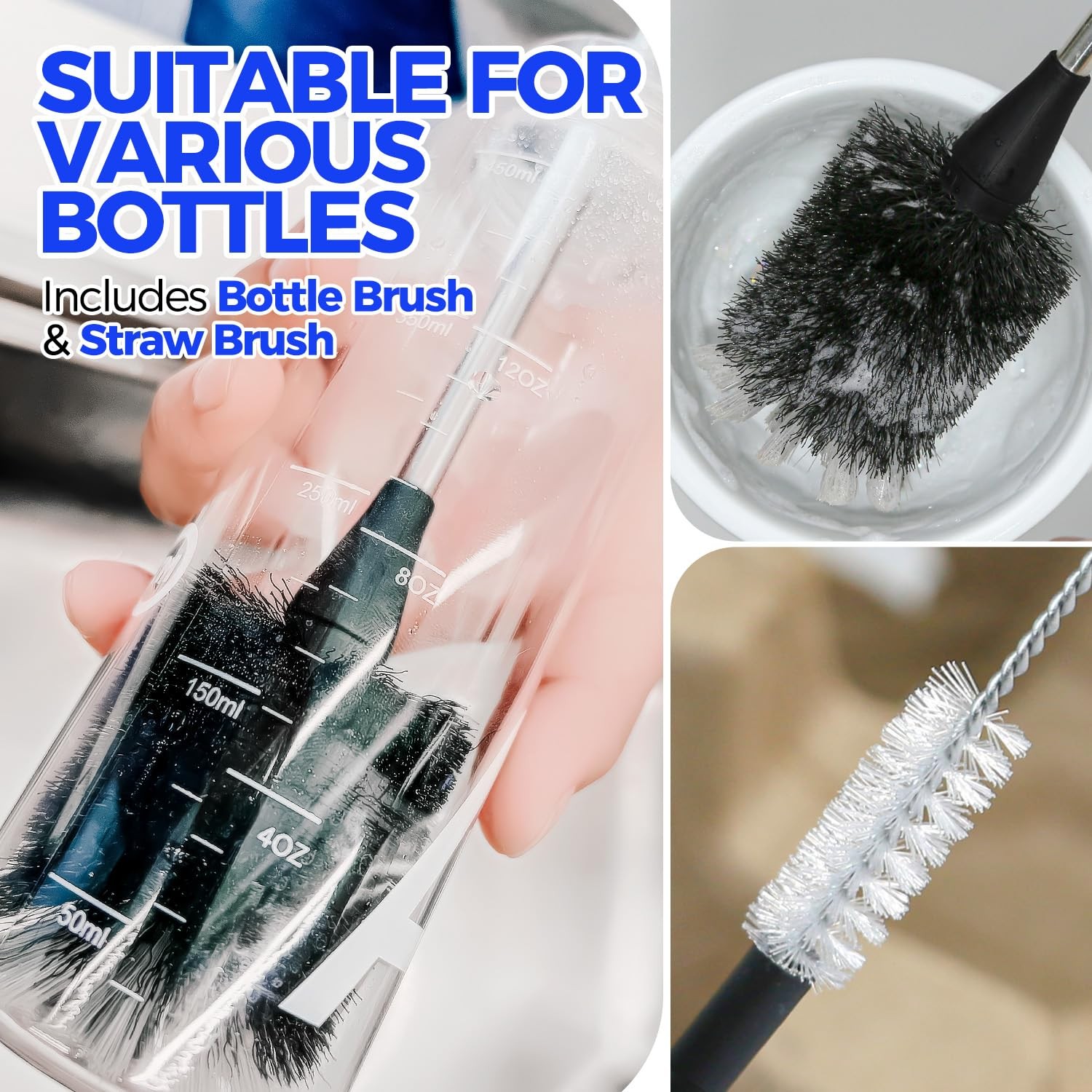 Holikme Bottle Brush Cleaner Set 14″ Stainless Long Handle Water Bottle Straws