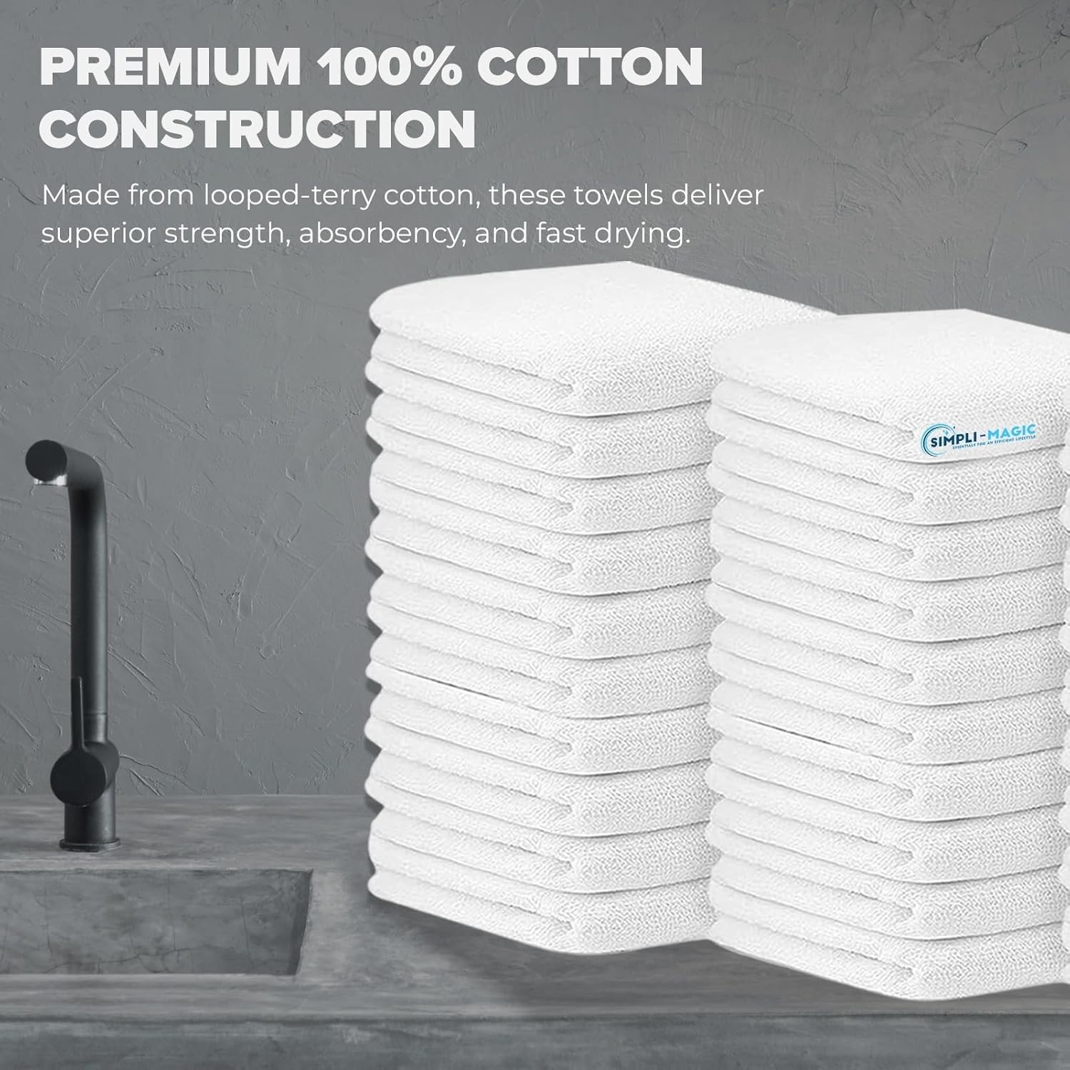 Simpli-Magic Cotton Terry Towels 14″x17″ (60 Pack) – Highly Absorbent Soft