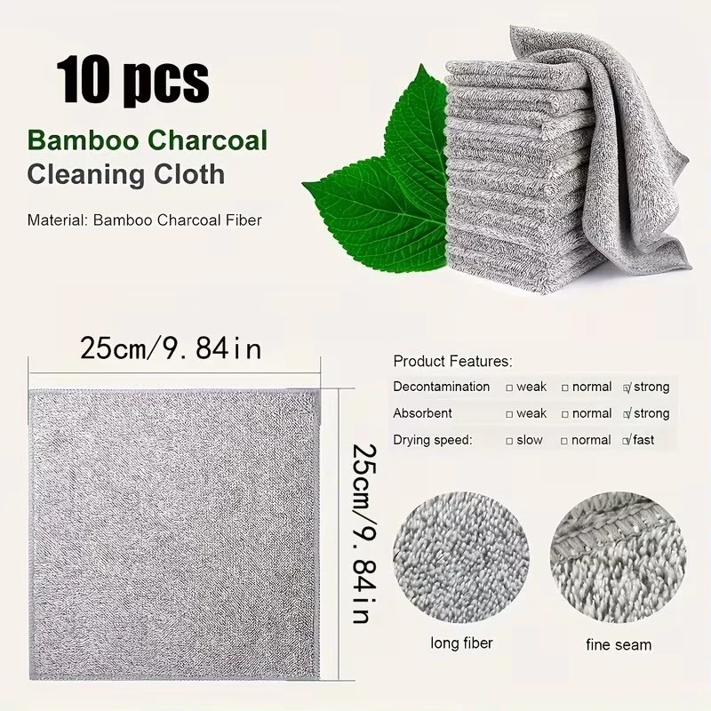 10Pc Microfiber Cleaning Cloth Bamboo Charcoal Towel Car Kitchen Wash Rag