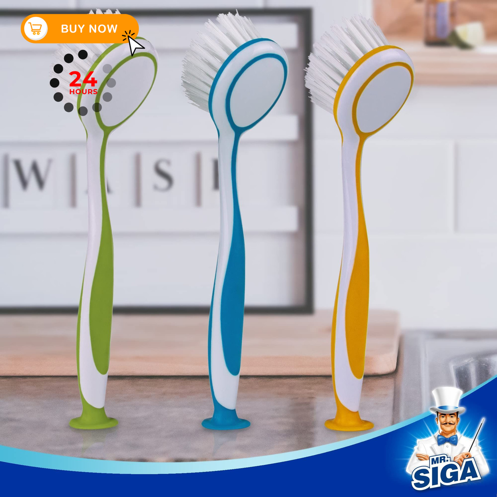 MR.SIGA Round Dish Brush, Size: Dia 6.5 X 5.5 X 25 cm, Green, Blue, Orange
