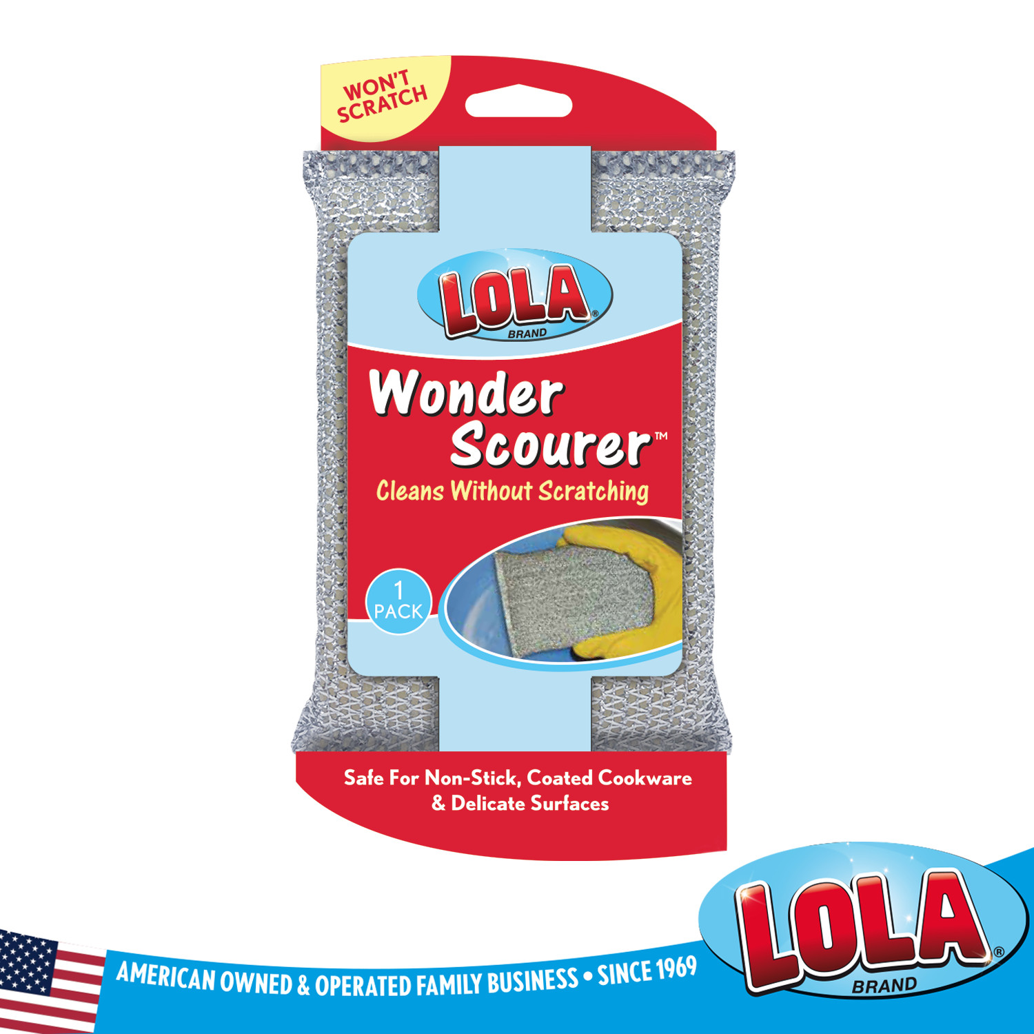 Wonder Non-Scratch Scouring Pad by LOLA – Knitted Fibers w/Foam Sponge