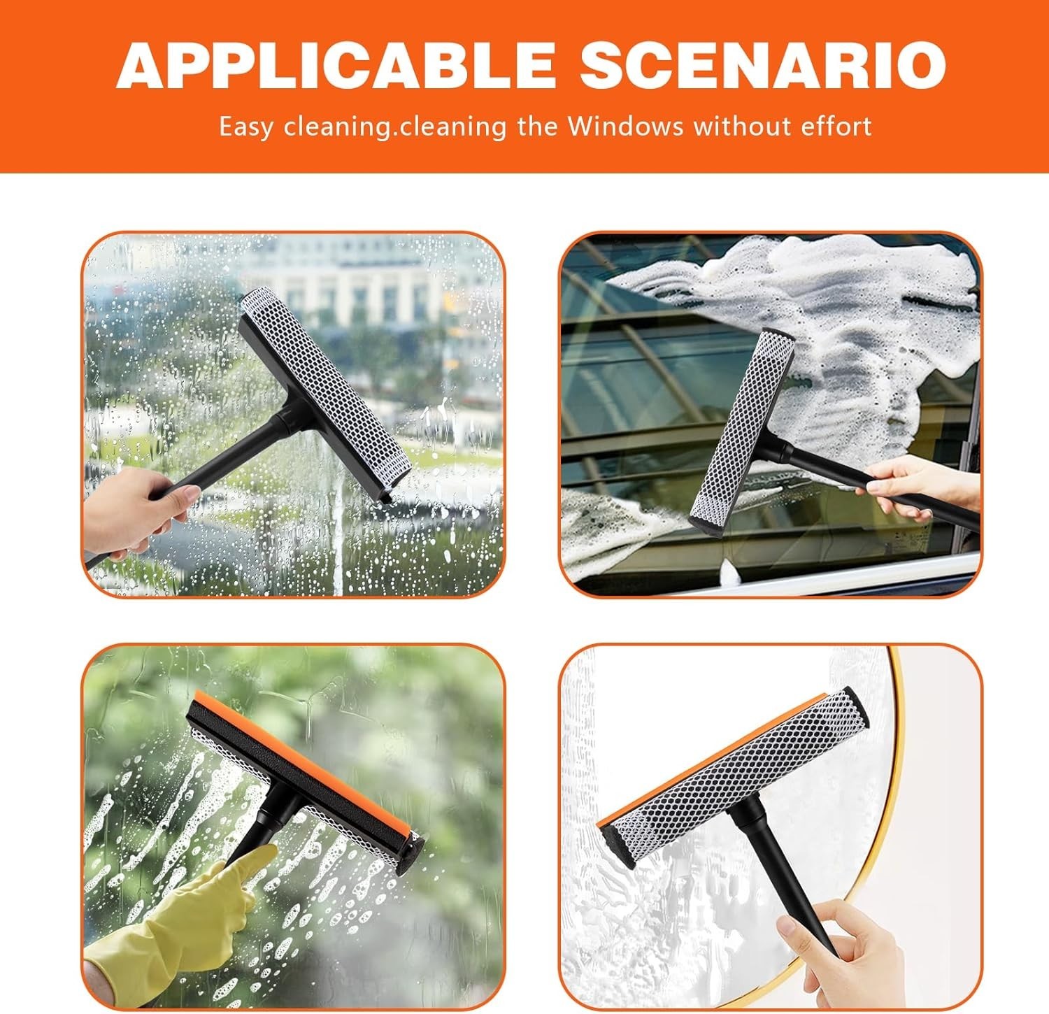2 in1 Window Squeegee for Car Window Cleaner with 16inch Long Handle Black