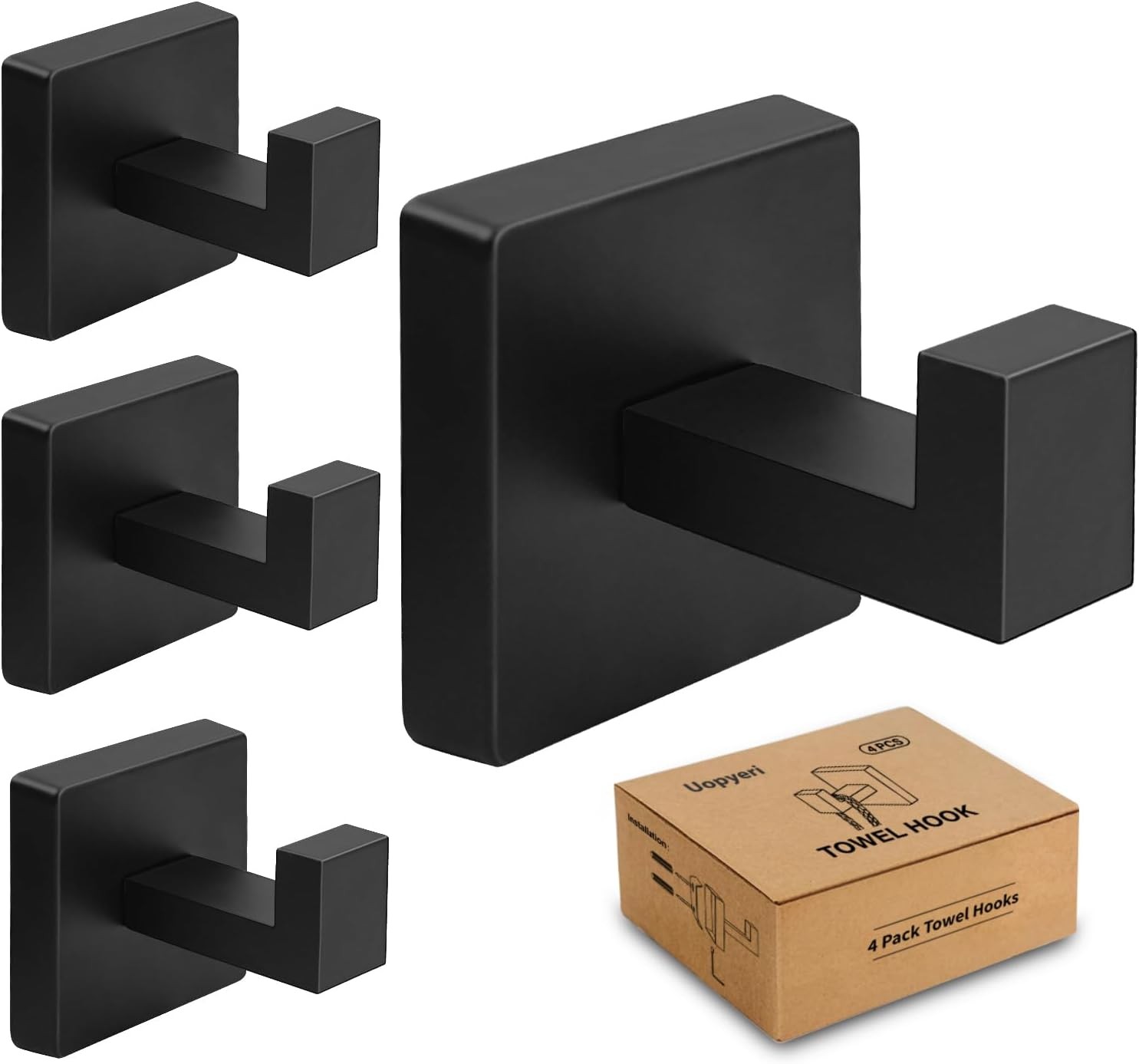 4 Pack Matte Black Towel Hooks for Bathroom, Heavy Duty 33lb Stainless Steel