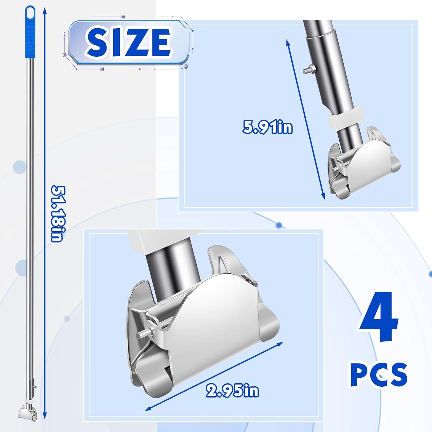 4 Pcs Clip on Dust Mop Handle with Chuck 51.18 Inch Stainless Steel Flexible Man