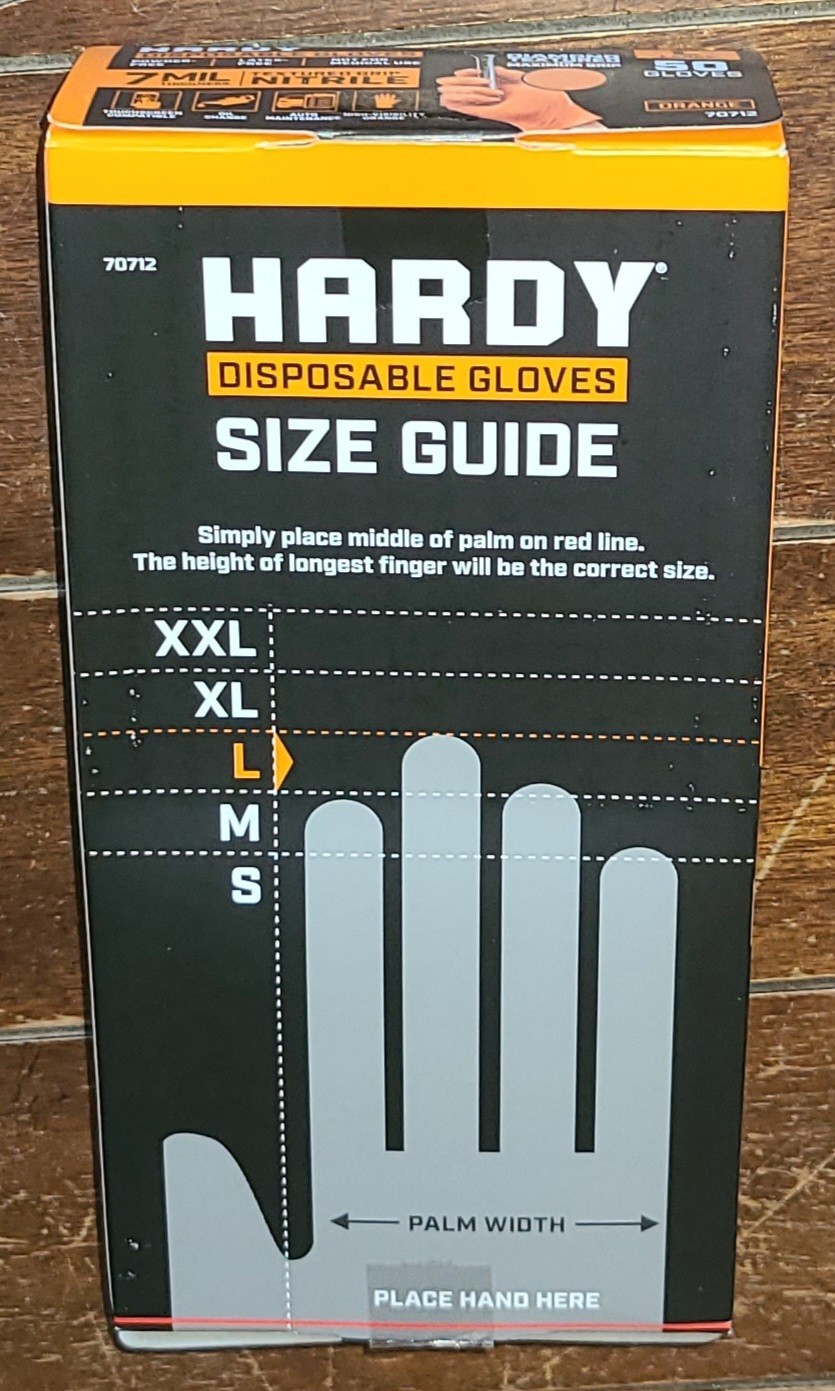 Hardy 50 Piece ORANGE Textured Grip Nitrile LARGE Disposable Gloves #70712