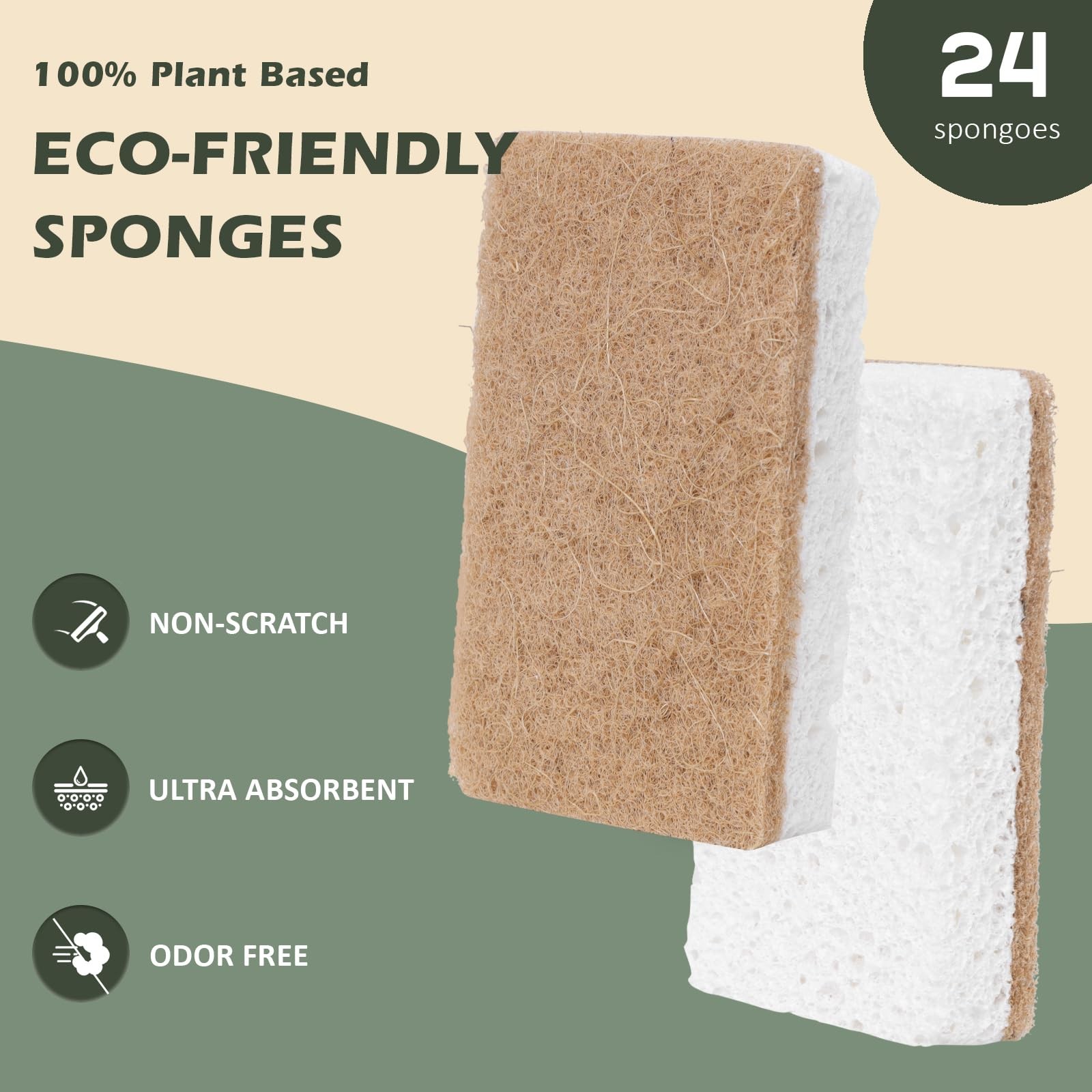 Natural Kitchen Scrub Sponges for Dishes – Plant-Based – 24 Count