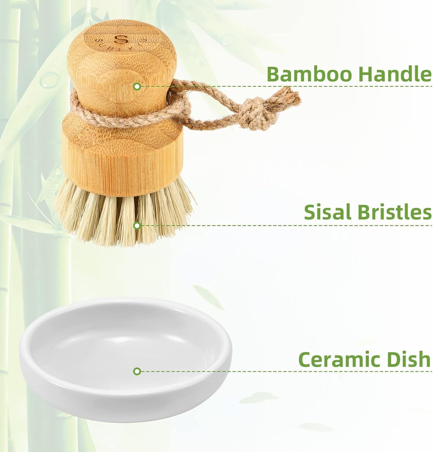 Kitchen Bamboo Cleaning Scrubbers Set of 3 Natural Sisal Bristles for Pot Pan