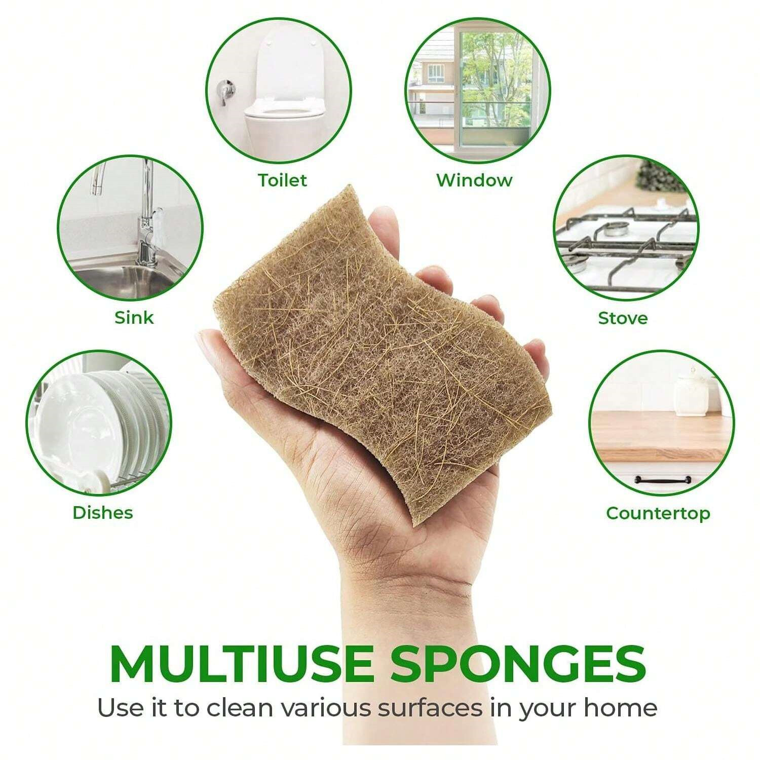 6Pcs Natural Kitchen Sponge Biodegradable Cellulose Coconut Dishwashing Scrubber