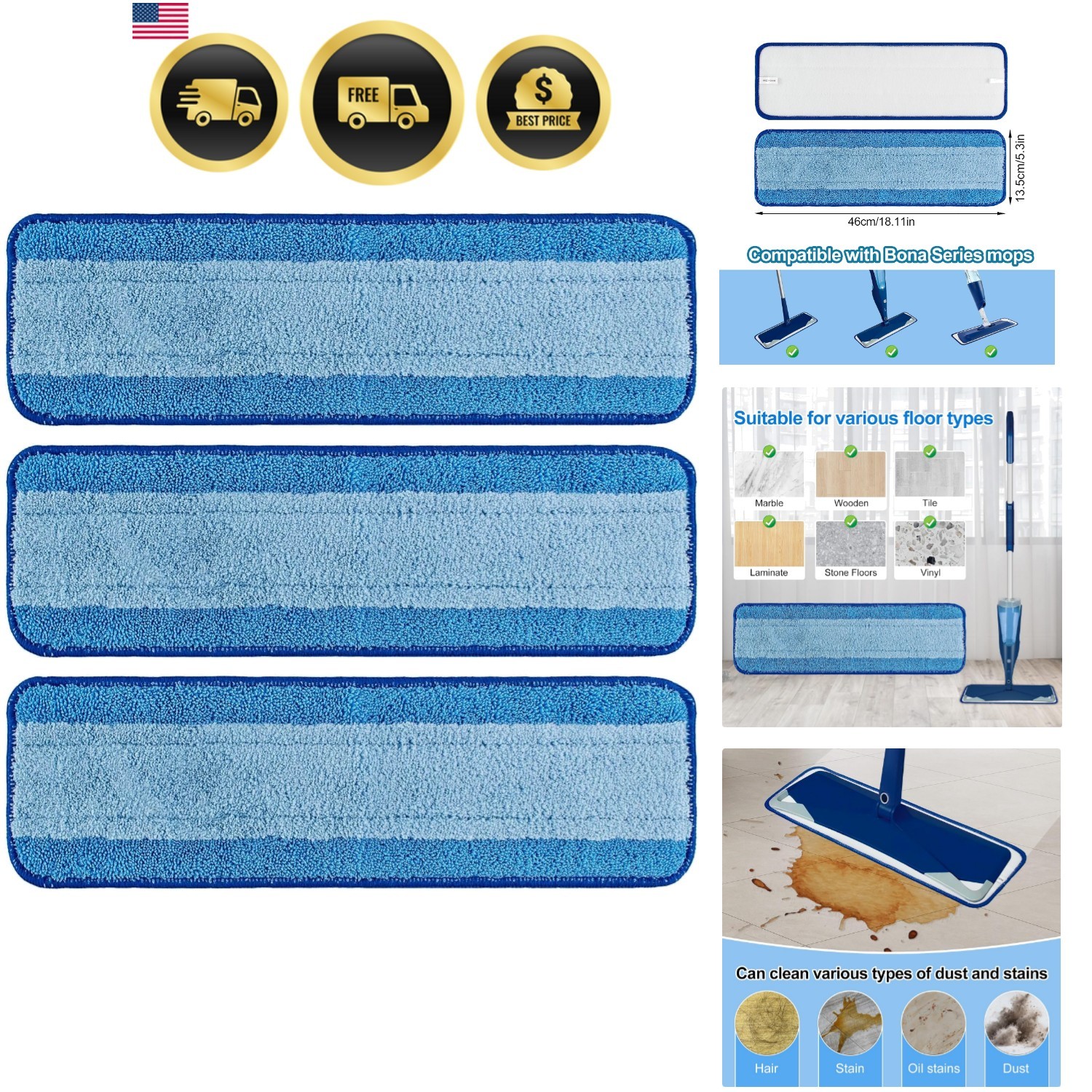 Microfiber Cleaning Pad for Bona, 3 Pack 18 Inch Mop Cleaning Pads for Bona H…