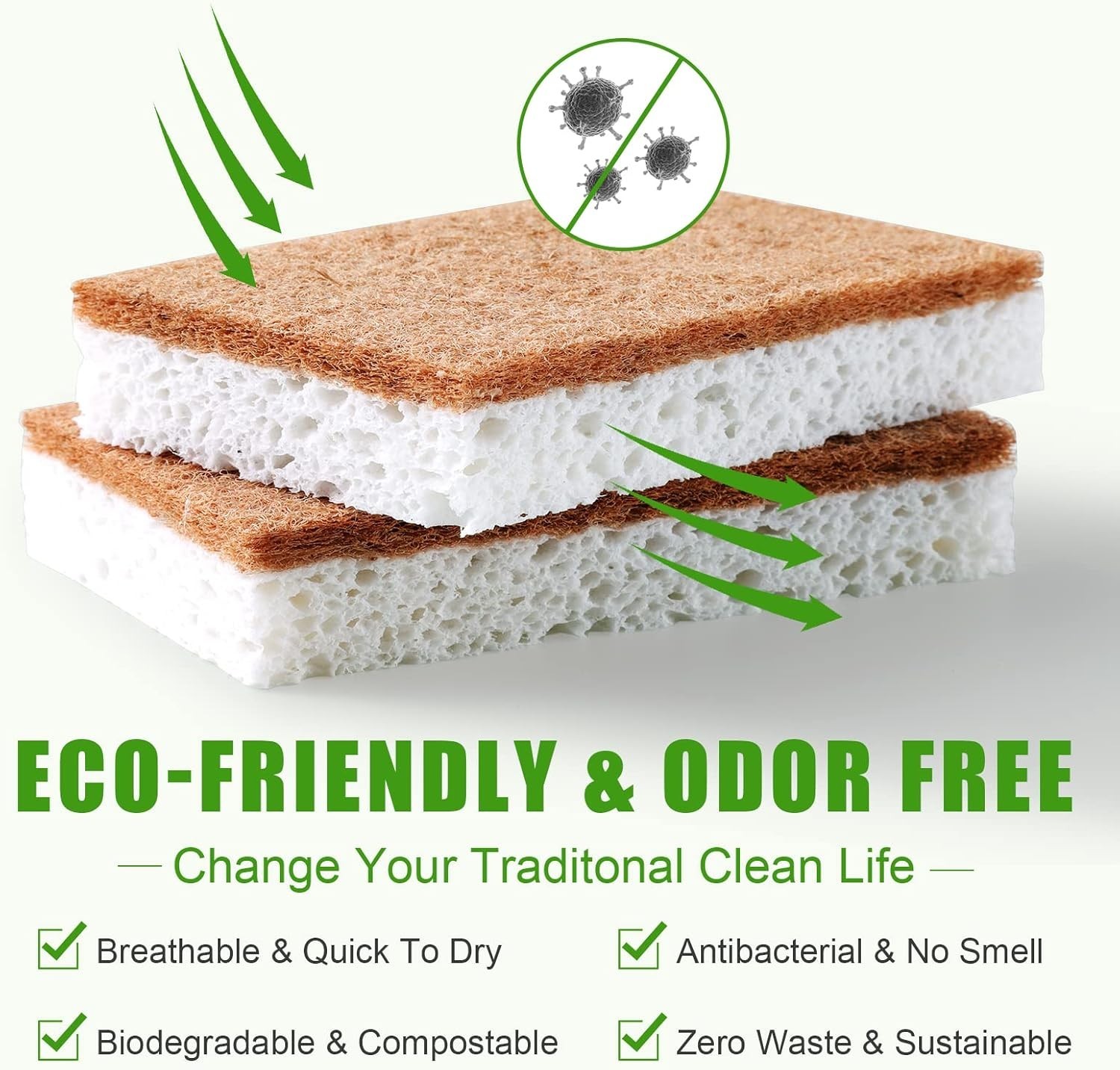 Biodegradable Natural Kitchen Sponge Pack of 12 Eco Friendly Plant-Based Scru…