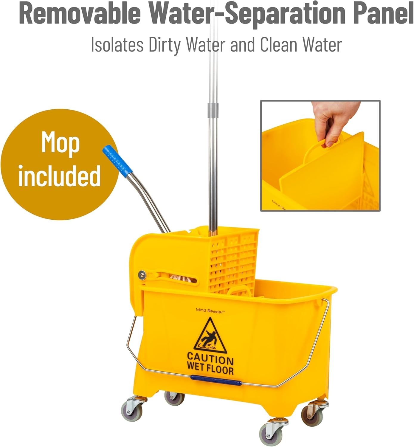Mind Reader Floor Cleaning Bucket with Wringer and Mop Set – Yellow with Wheels