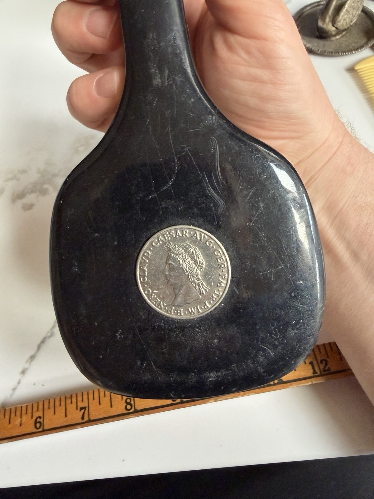 Vintage western German swank Brand Clothing Brush With replica Roman Coin inlay!