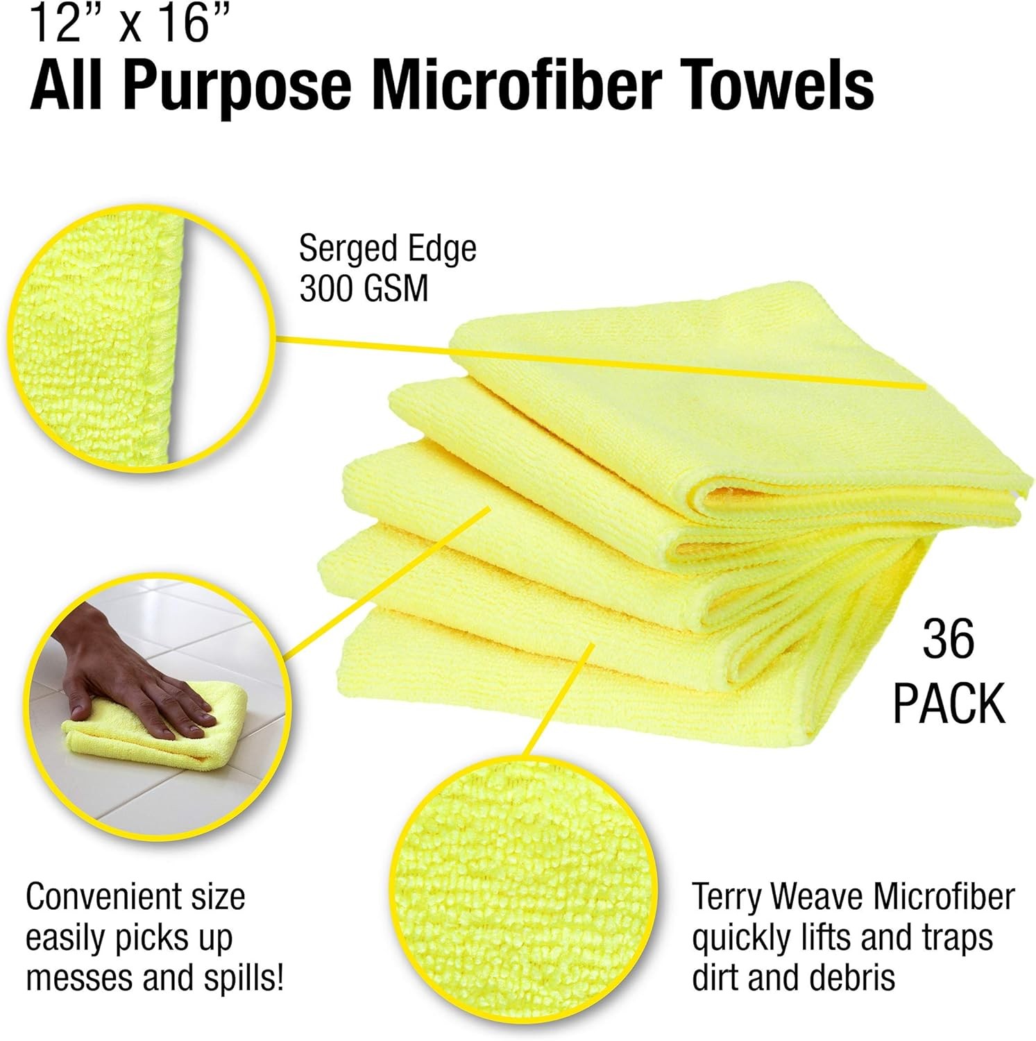 Eurow Microfiber Cleaning Cloths 12 X 16in 300GSM – 36 Pack Yellow