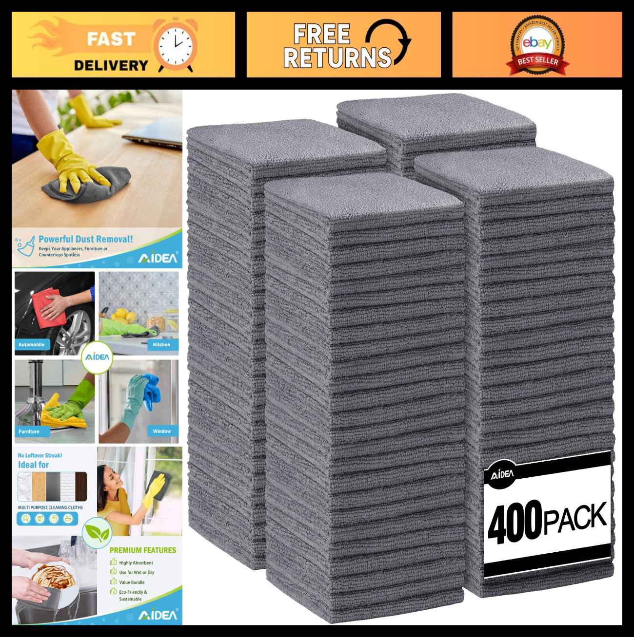 400PK Microfiber Cleaning Cloths – Soft Absorbent Rags for Cars, Kitchen & Home