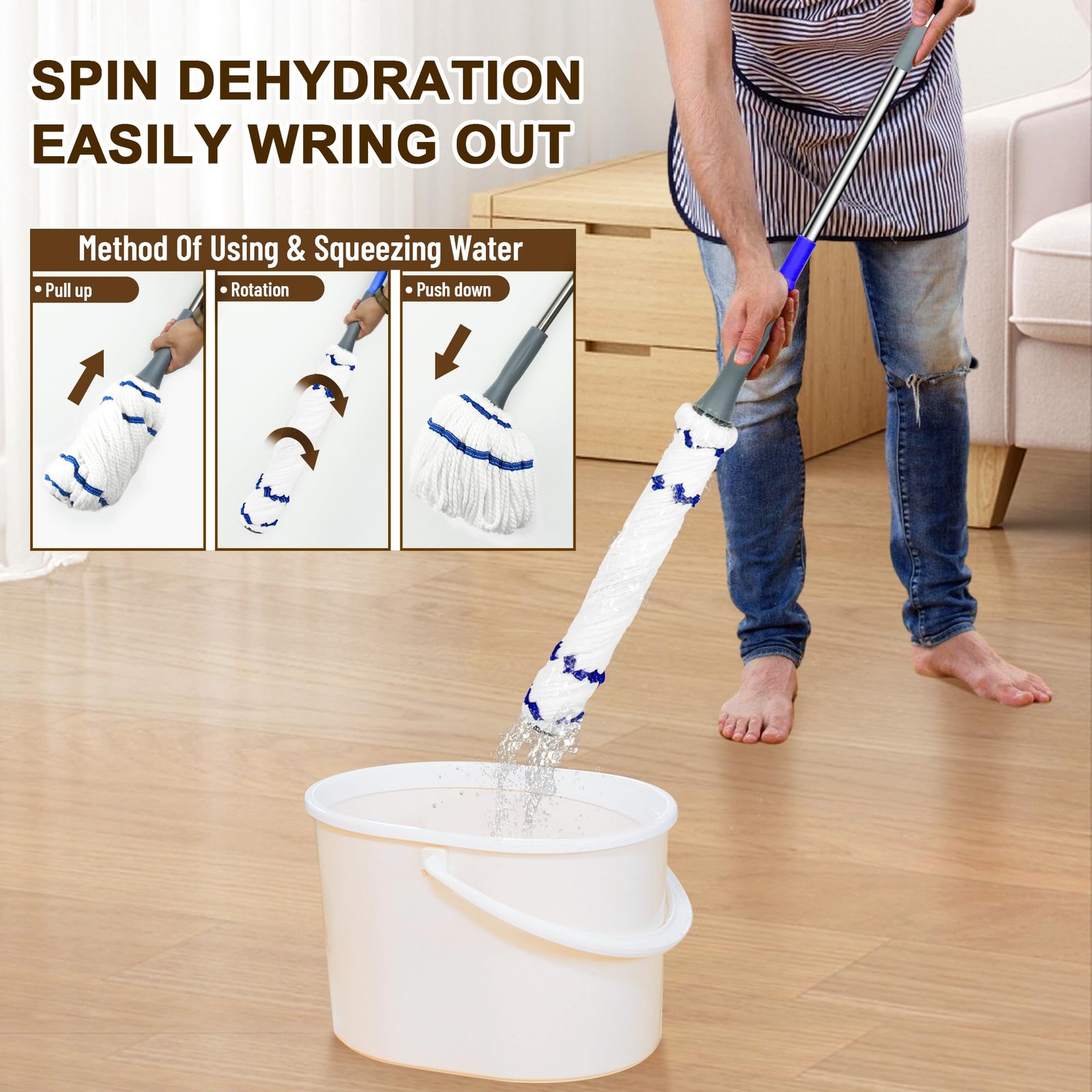 Hardwood Floor Mop, Self Wringing, 52.5 Inch Long Handle, Vinyl Tile, White