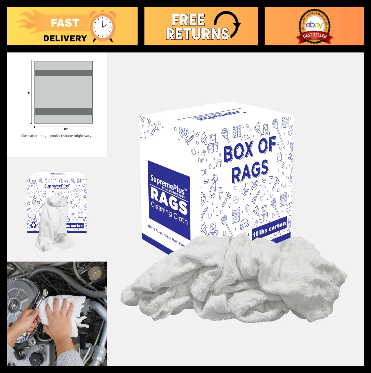 High Absorbent Recycled White Terry Cloth Rags – 10 lbs Bulk Cleaning Towels for
