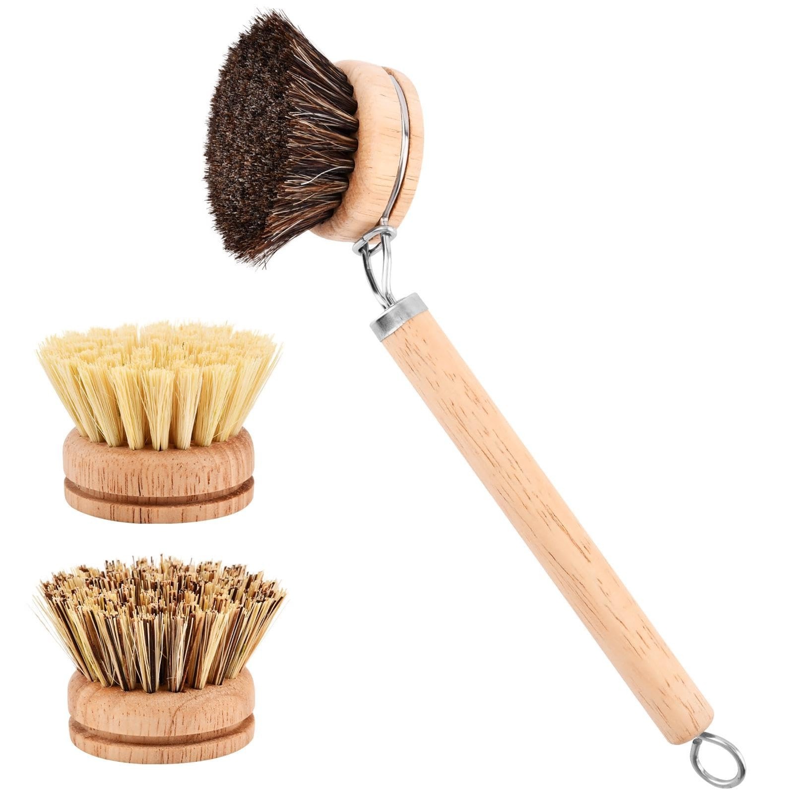 Bamboo Dish Brush with Handle, 3 Natural Bristle Heads (Horsehair, Sisal, Pal…