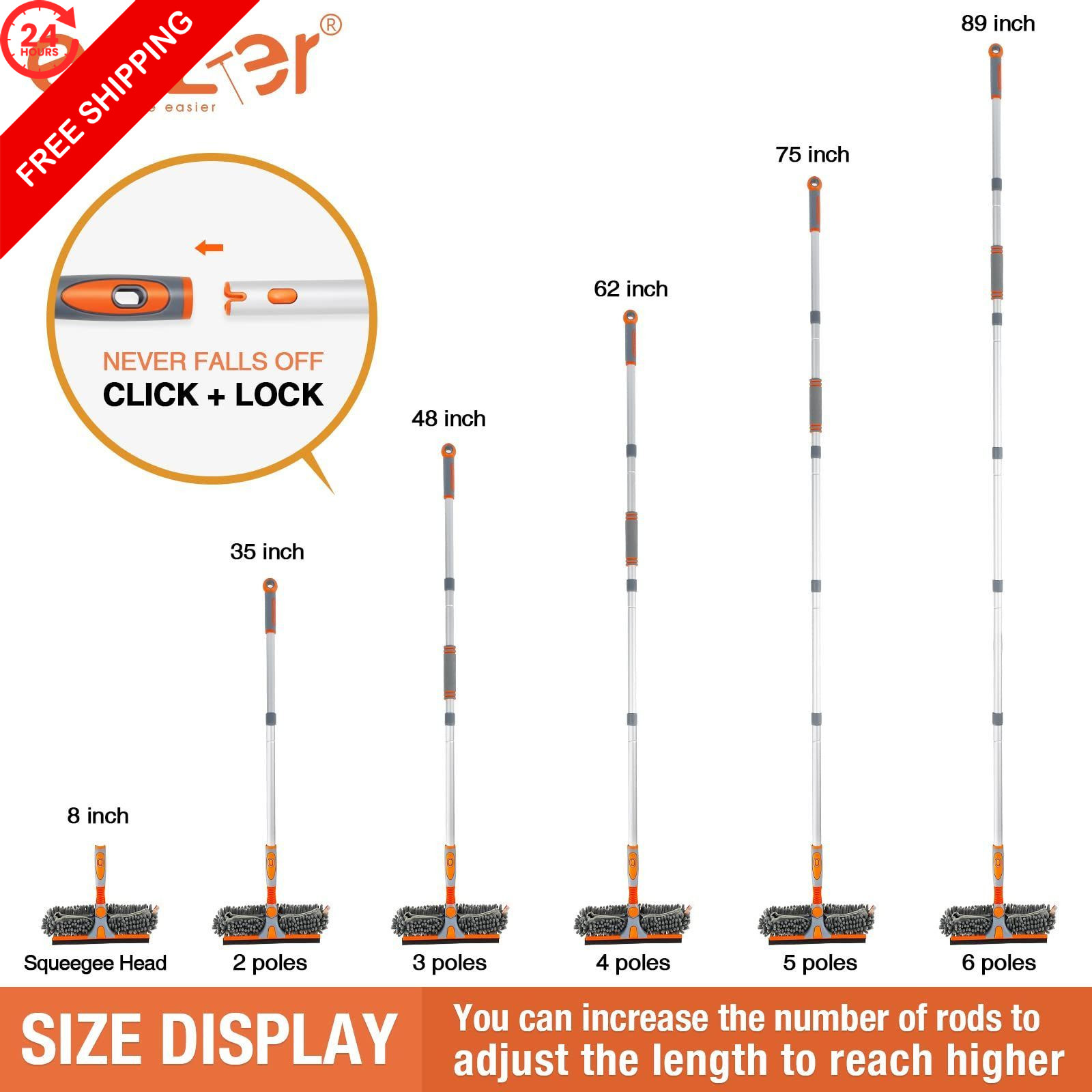 Eazer 89” Squeegee Window Cleaner 2 in 1 89inch, Orange, Gray, Silver
