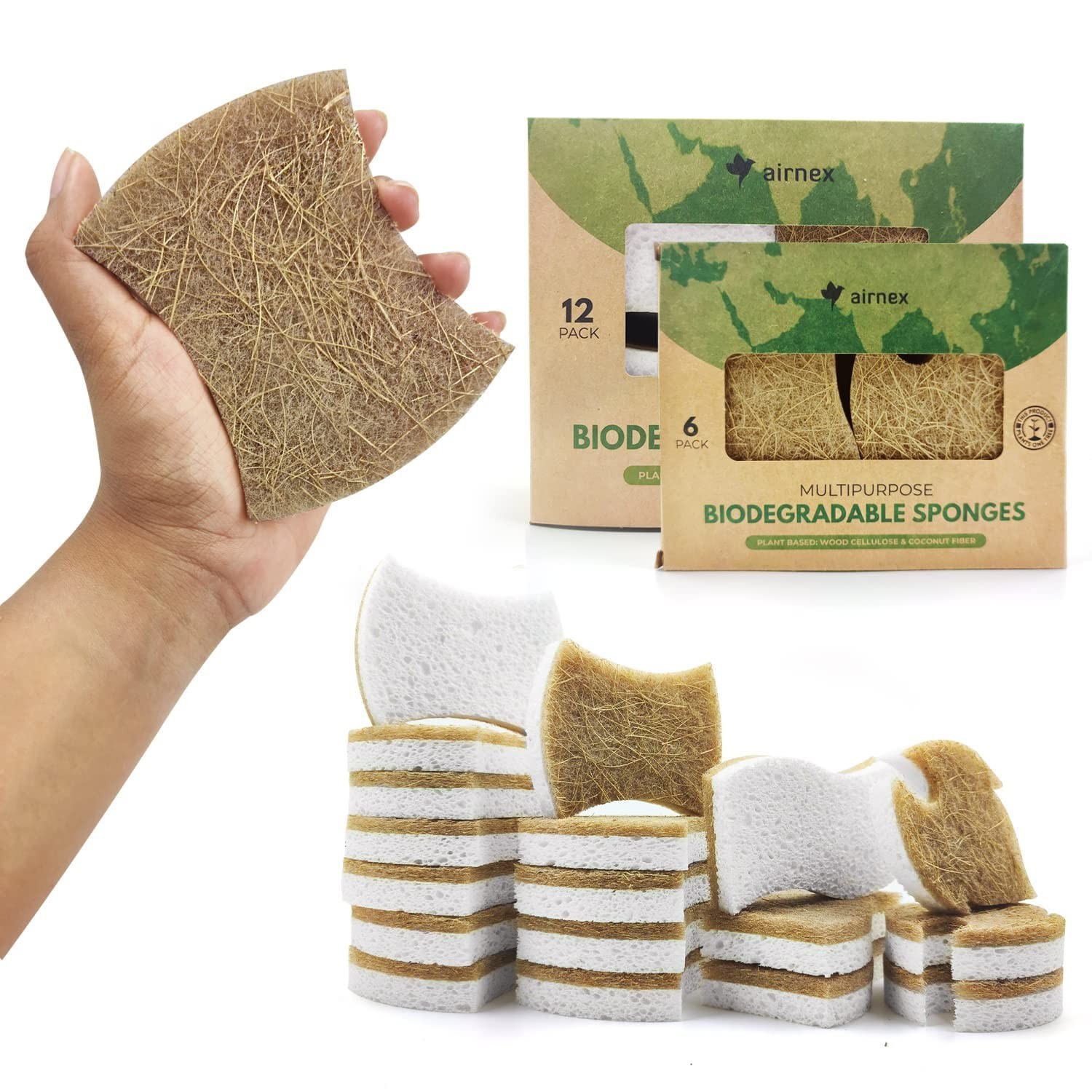 AIRNEX 18 Pack Biodegradable Natural Kitchen Sponge – Compostable Cellulose a…
