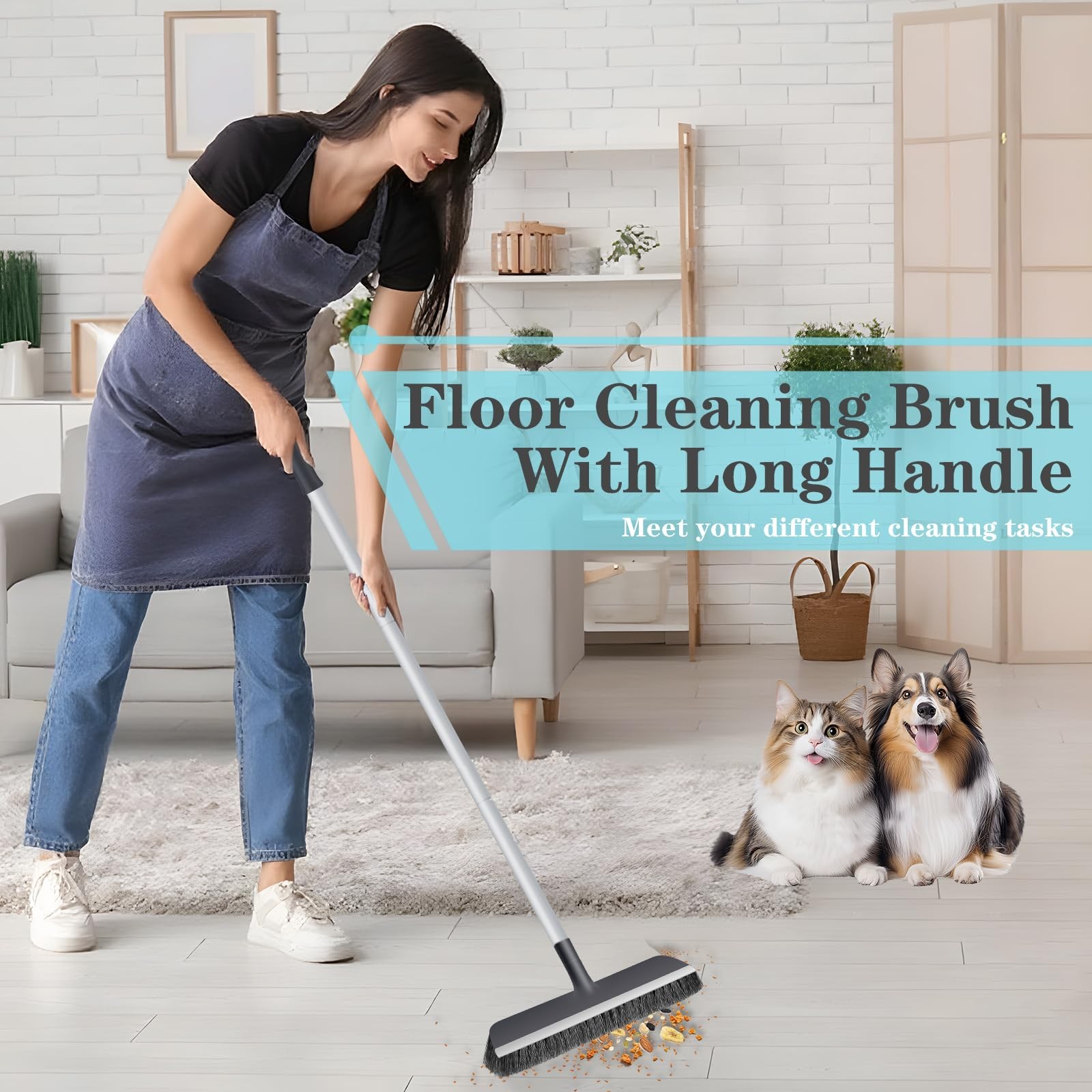 AONEZ Floor Scrub Brush with Long Handle – Adjustable 2 Grey & Black