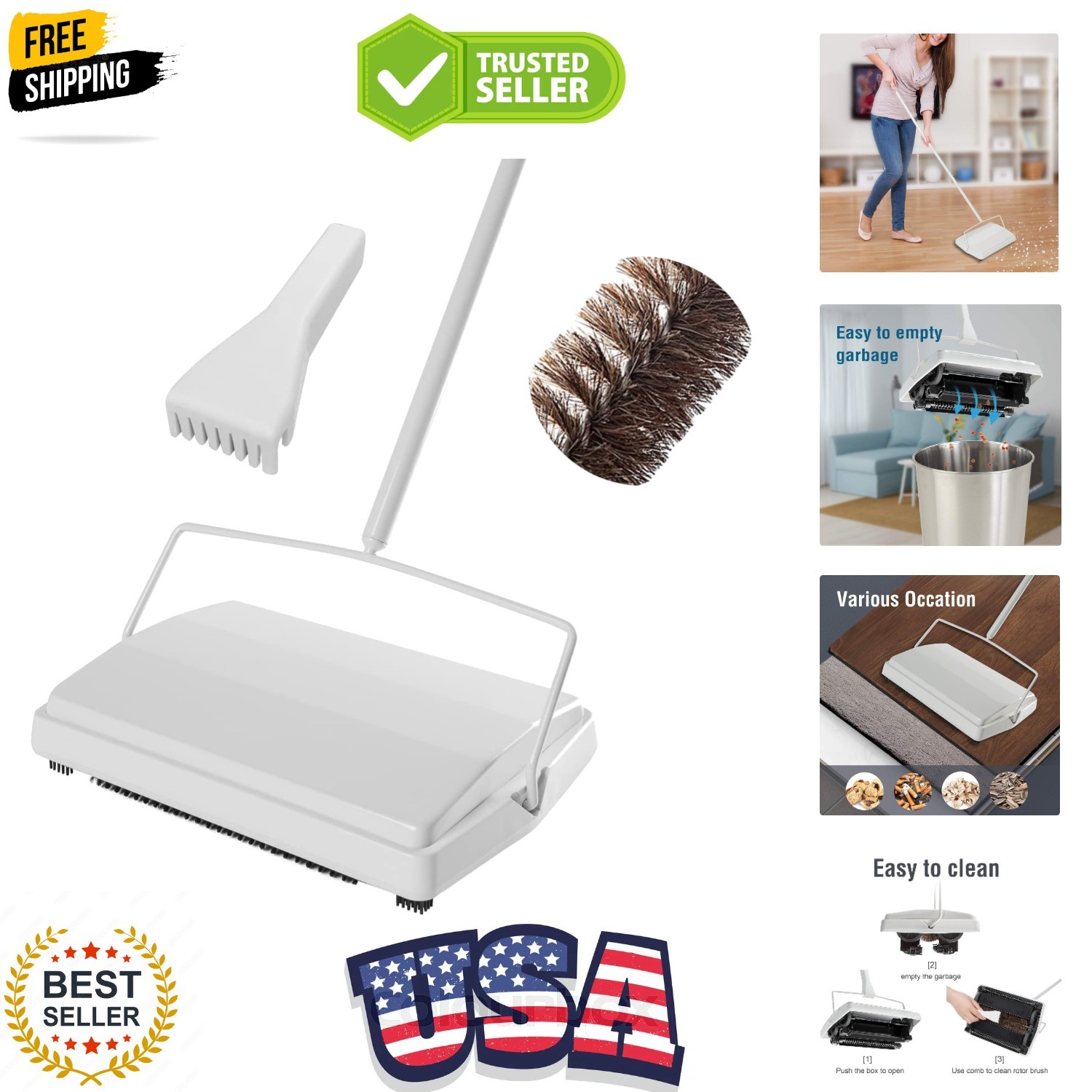 Carpet Floor Sweeper with Horsehair, Non Electric Manual Sweeping, Rotor Brus…
