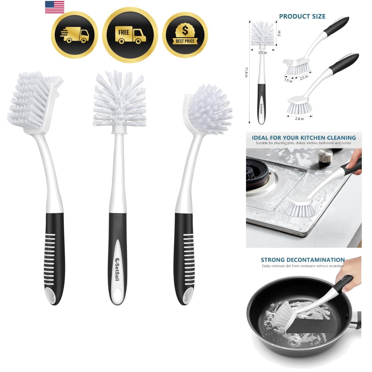 Dish Brush Set of 3 with Bottle Brush, Dish Scrub Brush with Long Handle Deep…