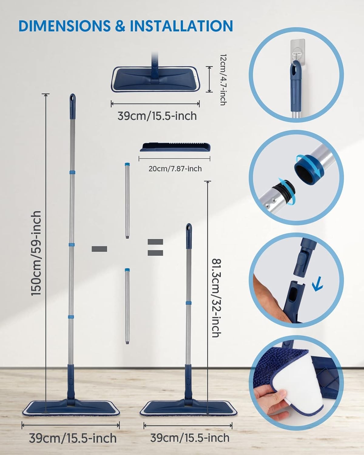BPAWA Microfiber Flat Mop with 4 Reusable Pads for Hardwood Tile Vinyl Floor