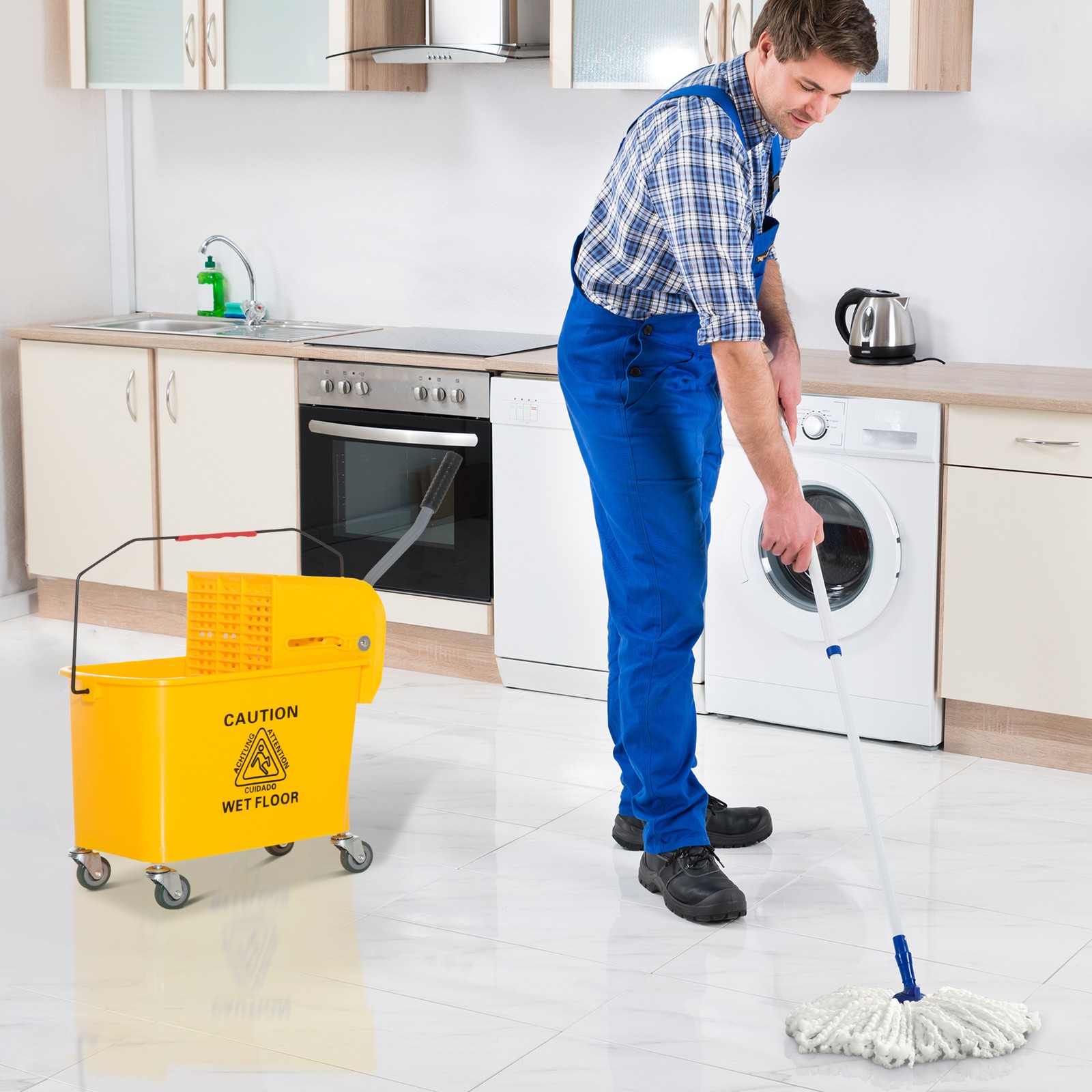 Compact Mop Bucket with Wringer on Wheels 21 Quart Yellow
