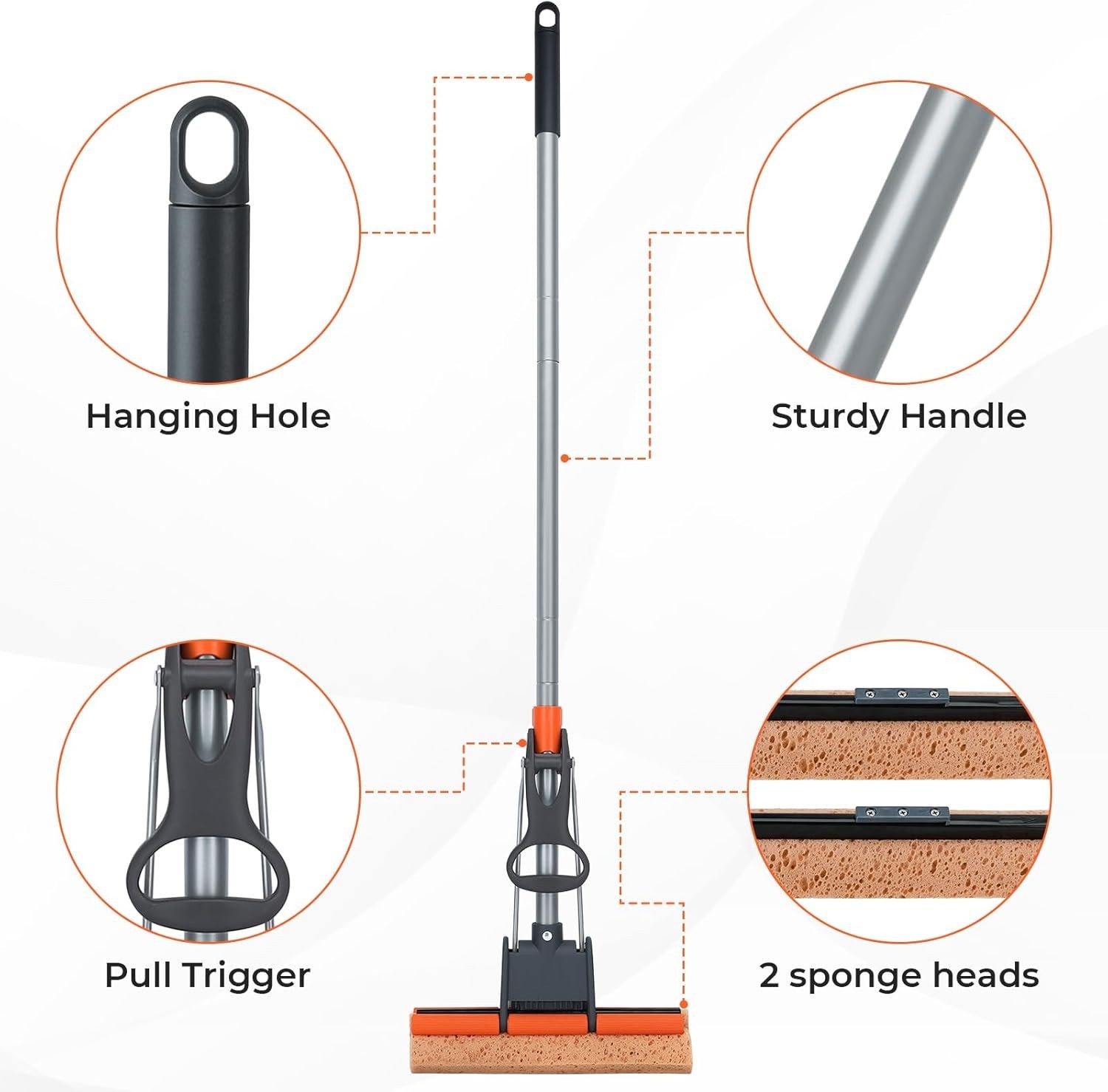 Floor Cleaning Sponge Mop with 2 Refills Long Handle Light Weight Durable