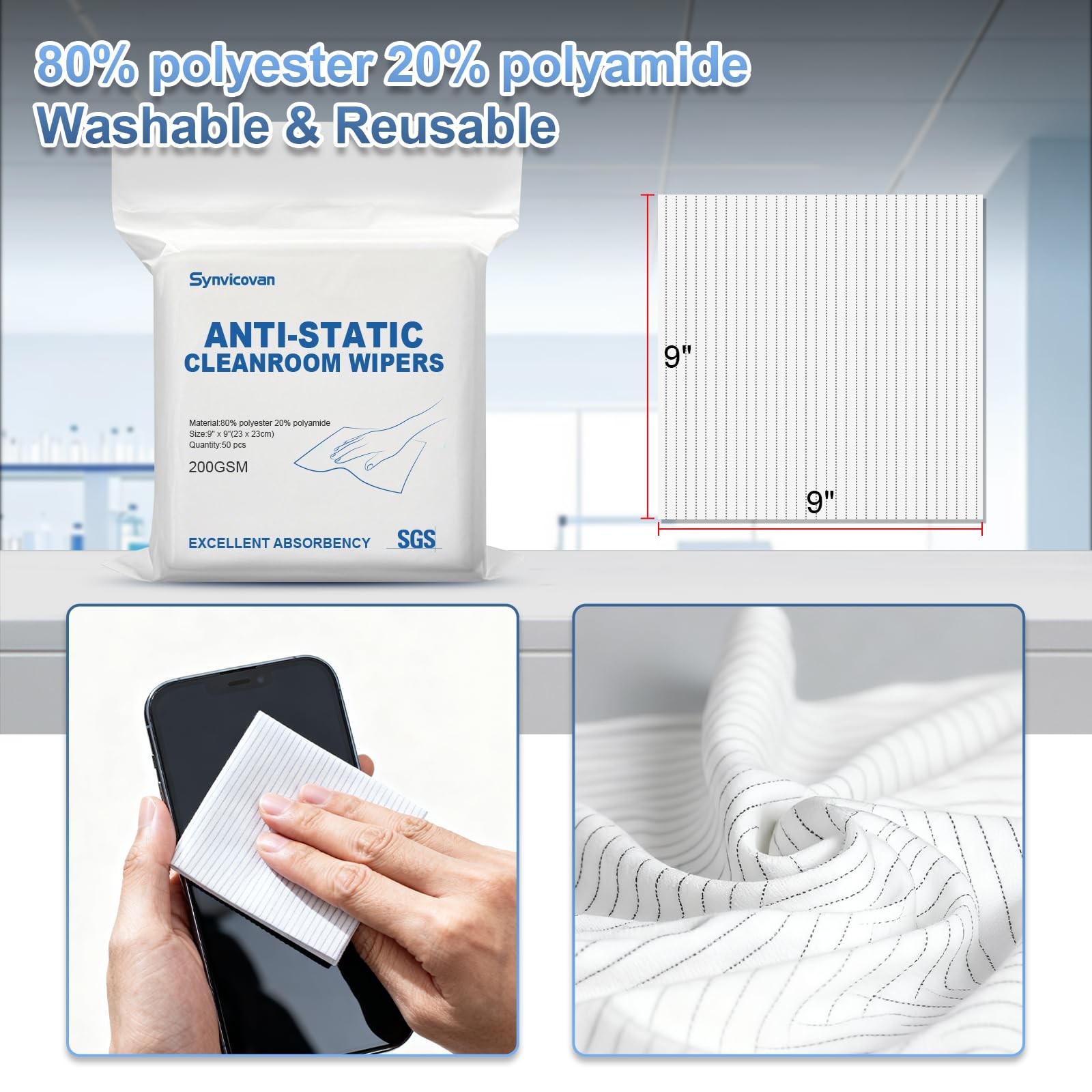 Anti-Static Microfiber 9″x9″(50 Pcs,Class 100, 200GSM) Lint Cloths Reusable S…