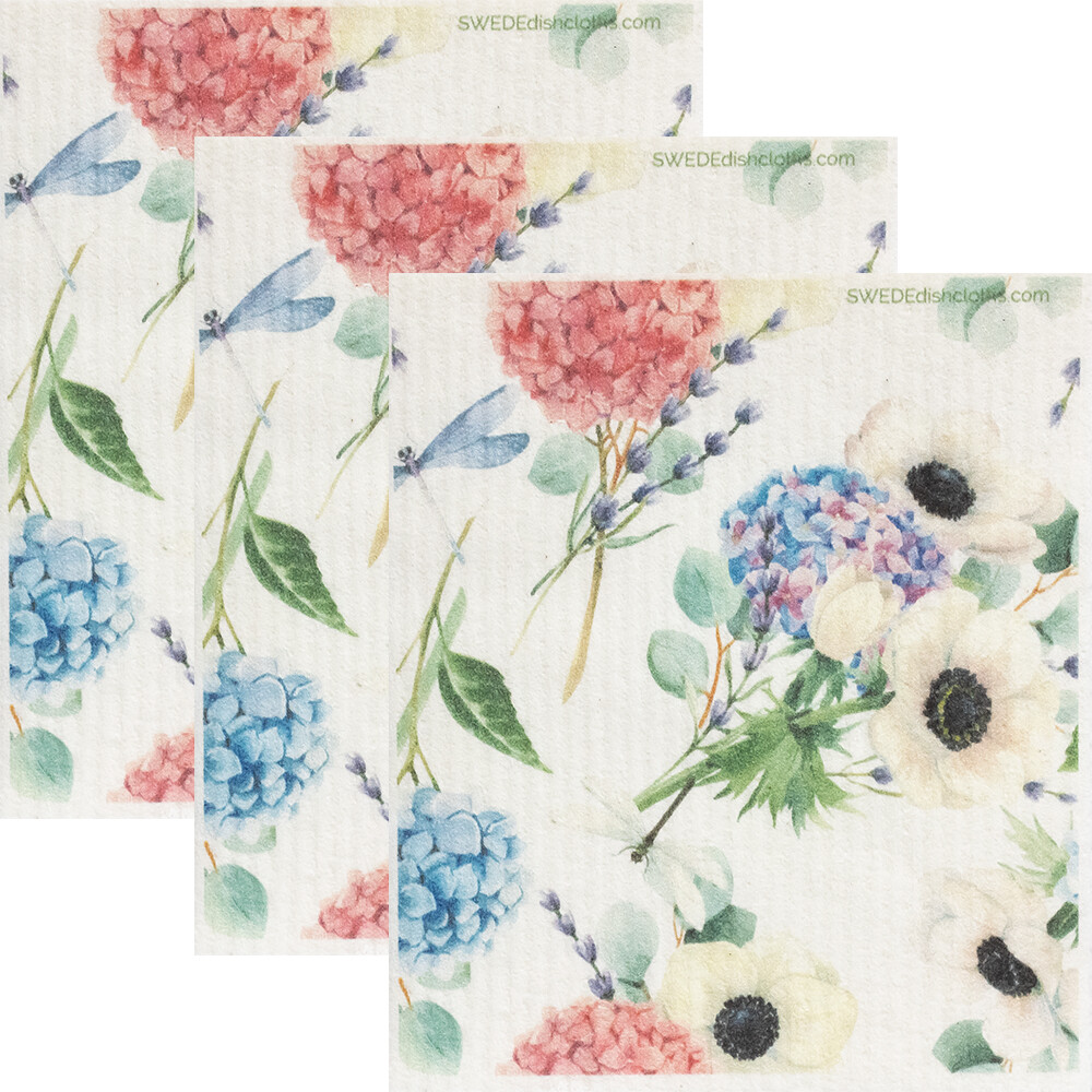 Swedish Dishcloths Dragonfly Hydrangea Set of 3 cloths Eco Friendly Cloths